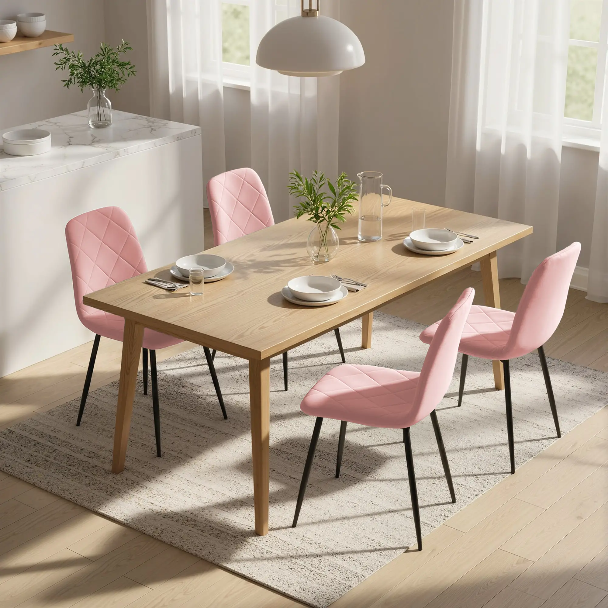Upholstered Dining Chairs Set of 4, Steel Legs, Modern Kitchen, Pink - Image 2
