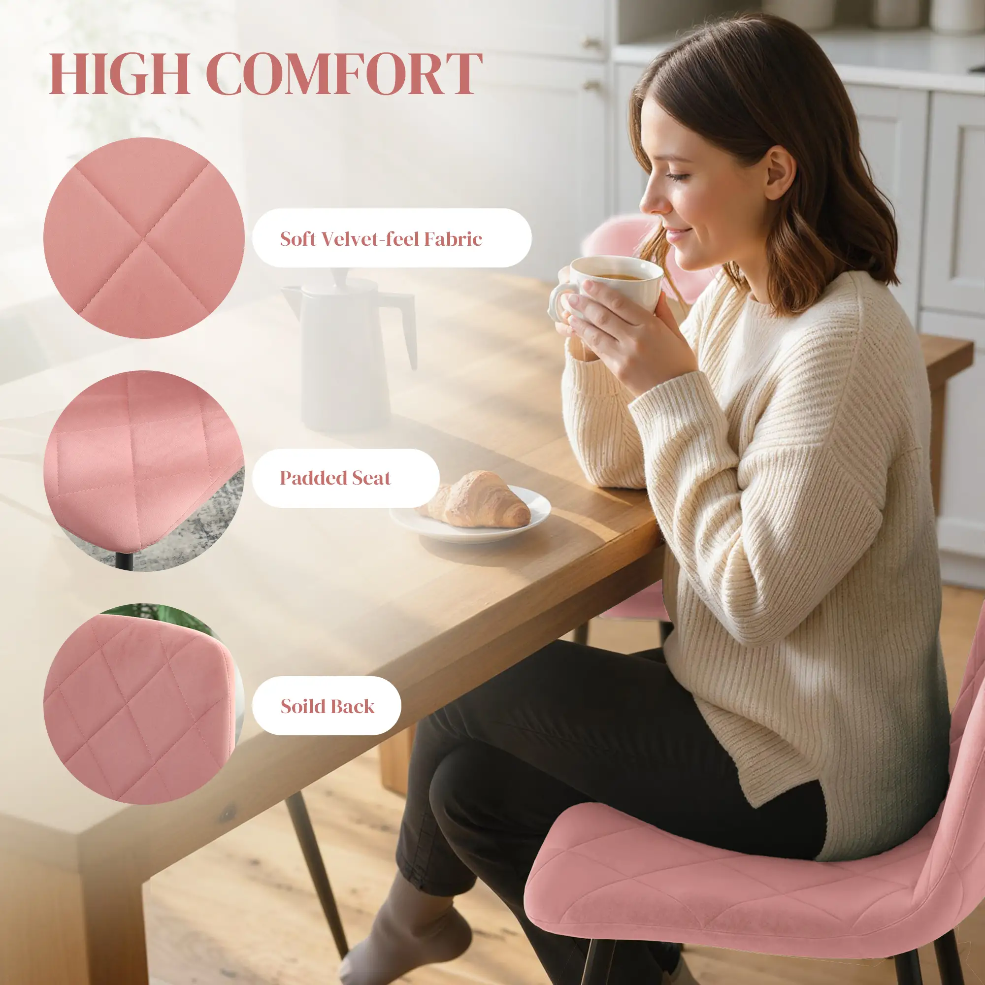 Upholstered Dining Chairs Set of 4, Steel Legs, Modern Kitchen, Pink - Image 4