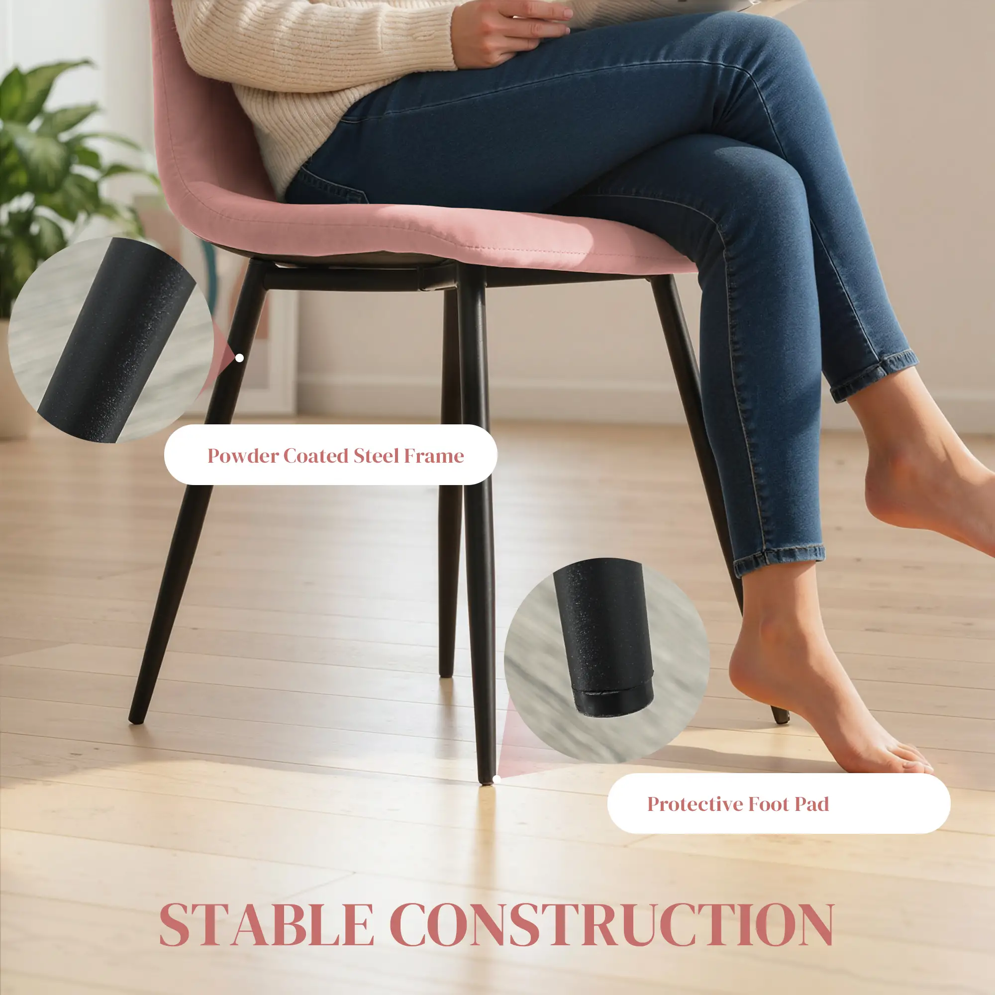 Upholstered Dining Chairs Set of 4, Steel Legs, Modern Kitchen, Pink - Image 5