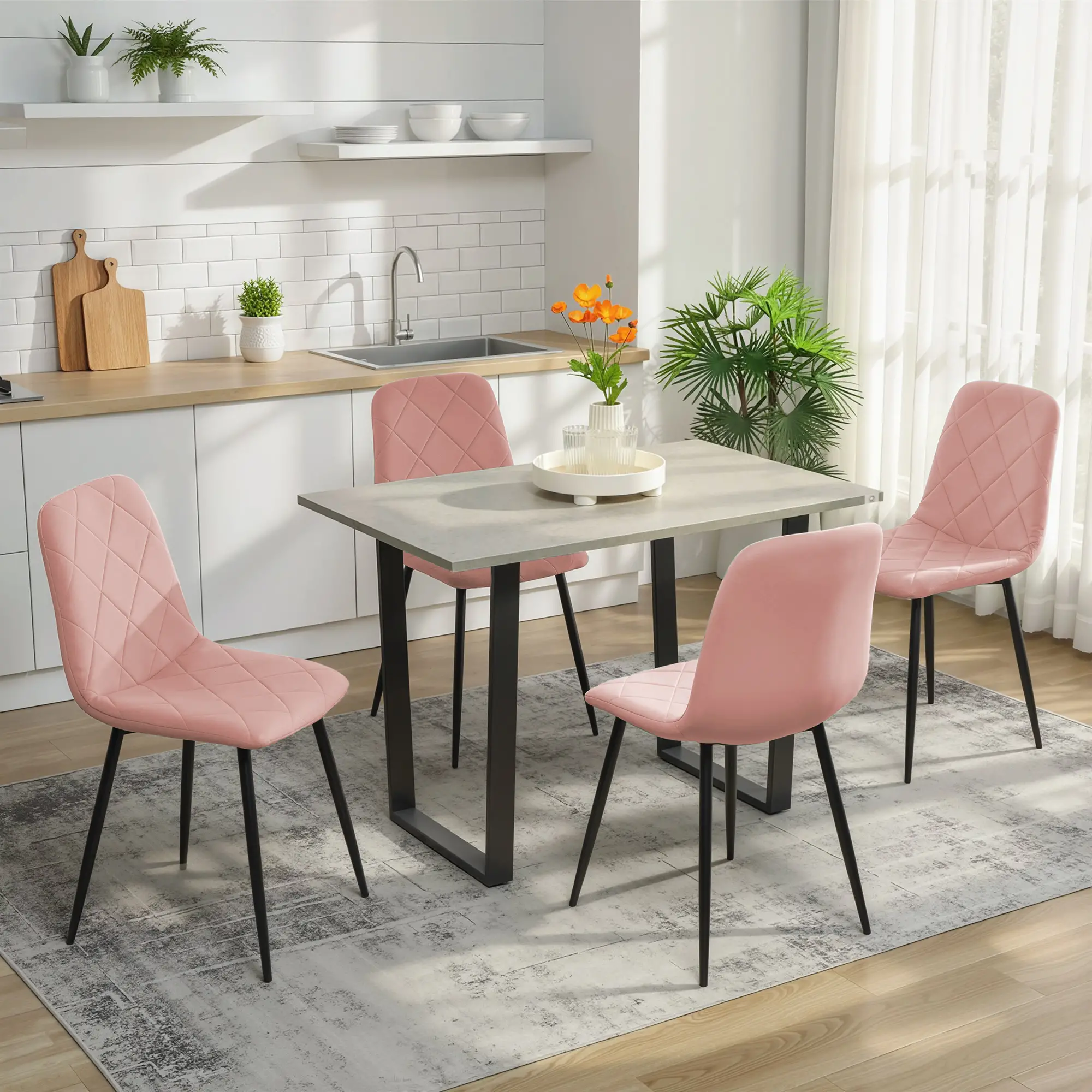Upholstered Dining Chairs Set of 4, Steel Legs, Modern Kitchen, Pink - Image 6