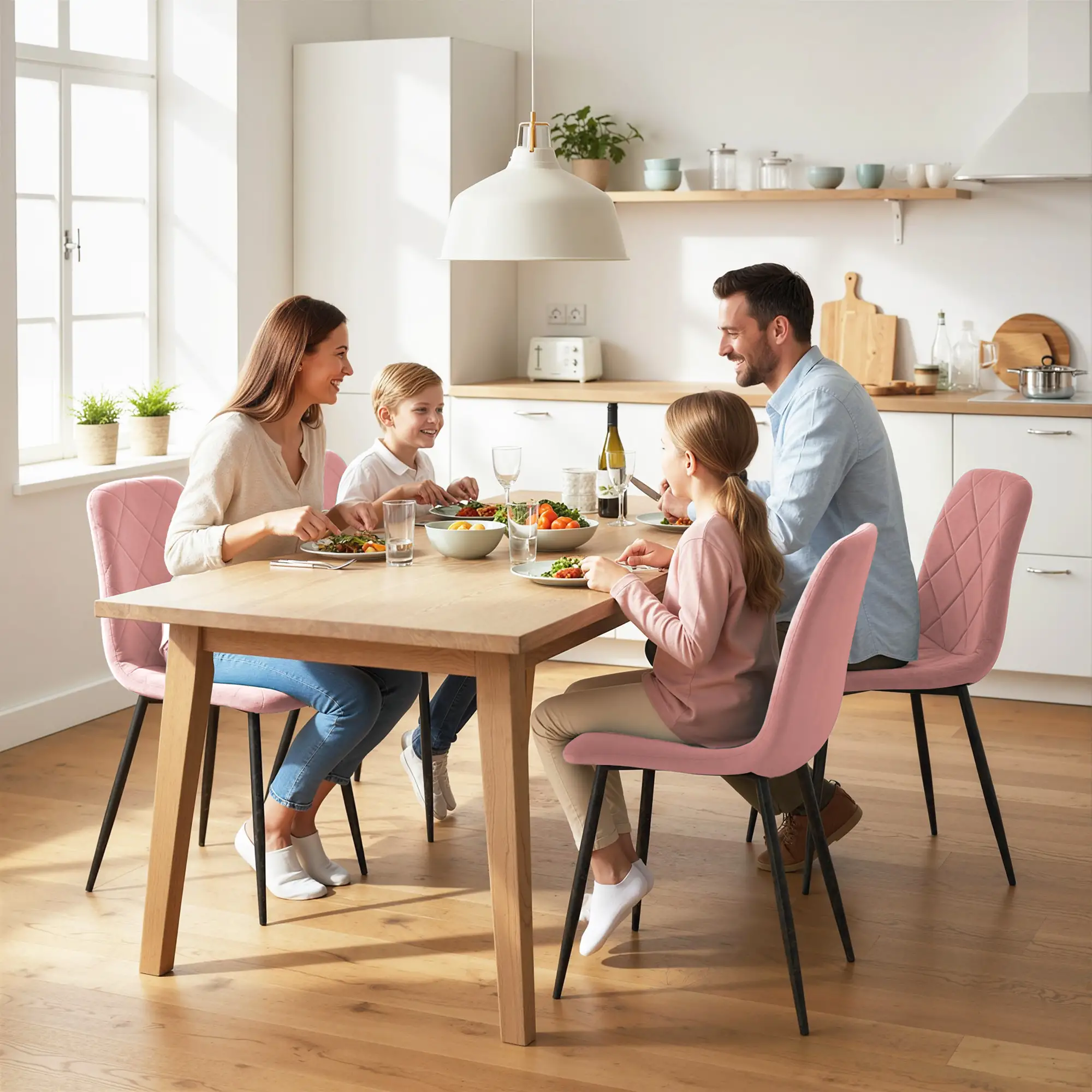 Upholstered Dining Chairs Set of 4, Steel Legs, Modern Kitchen, Pink - Image 7