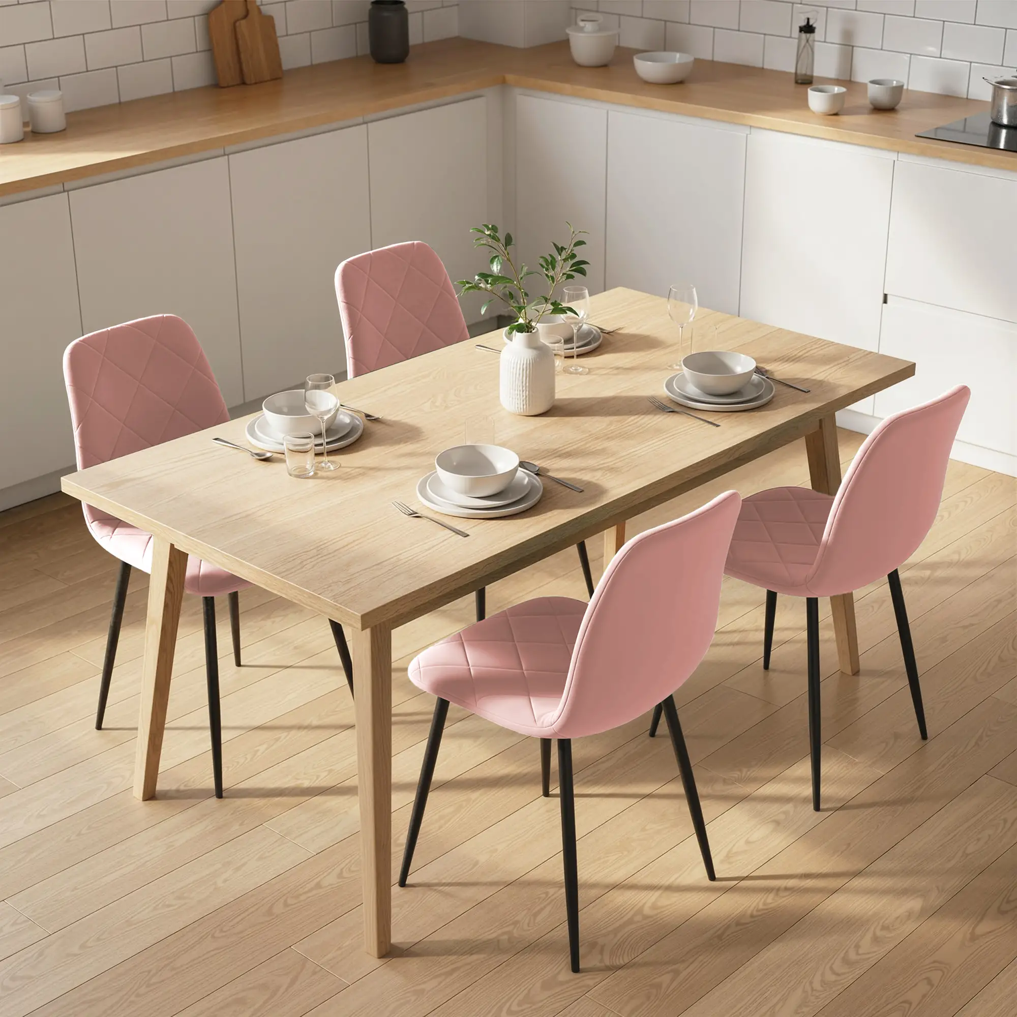 Upholstered Dining Chairs Set of 4, Steel Legs, Modern Kitchen, Pink - Image 8