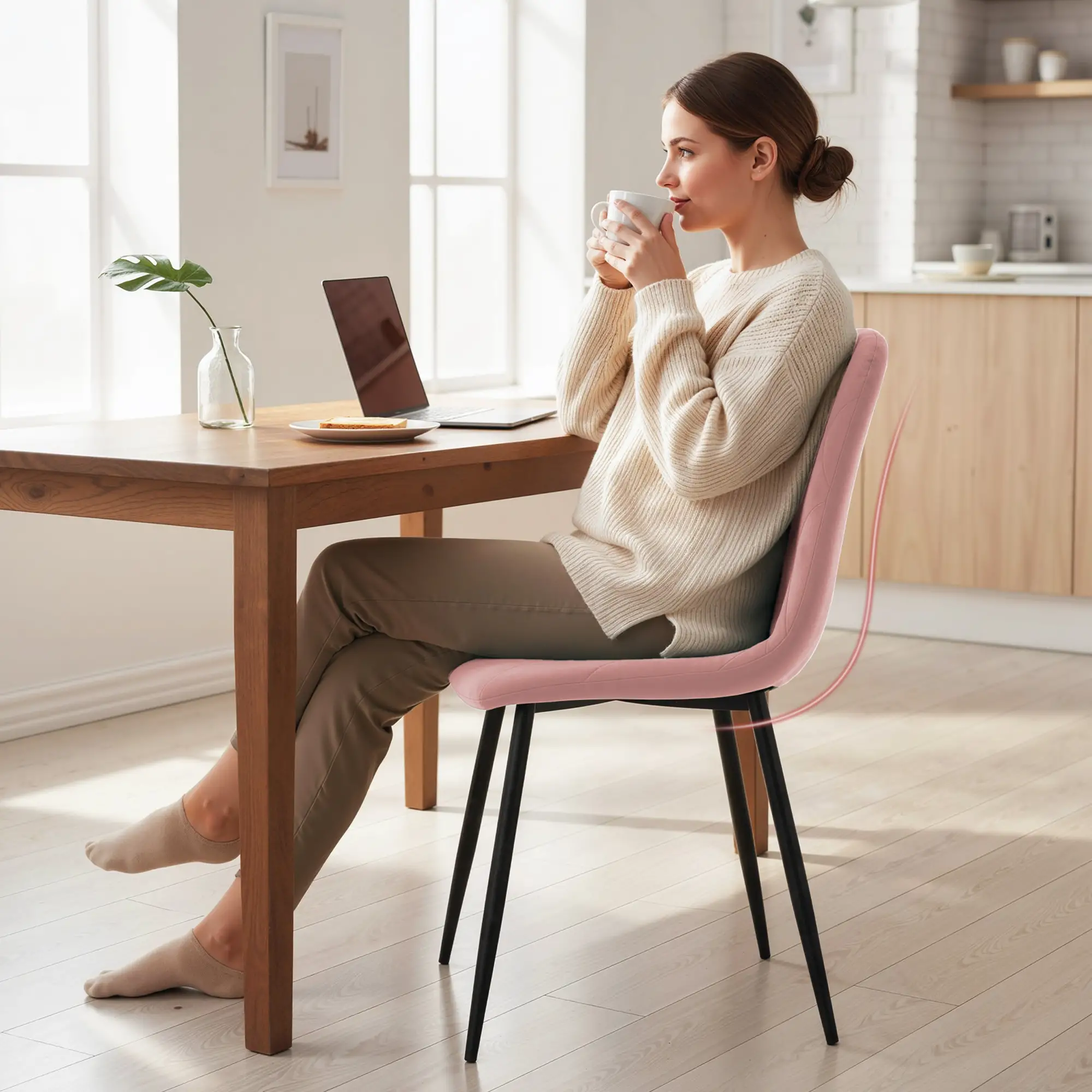 Upholstered Dining Chairs Set of 4, Steel Legs, Modern Kitchen, Pink - Image 9