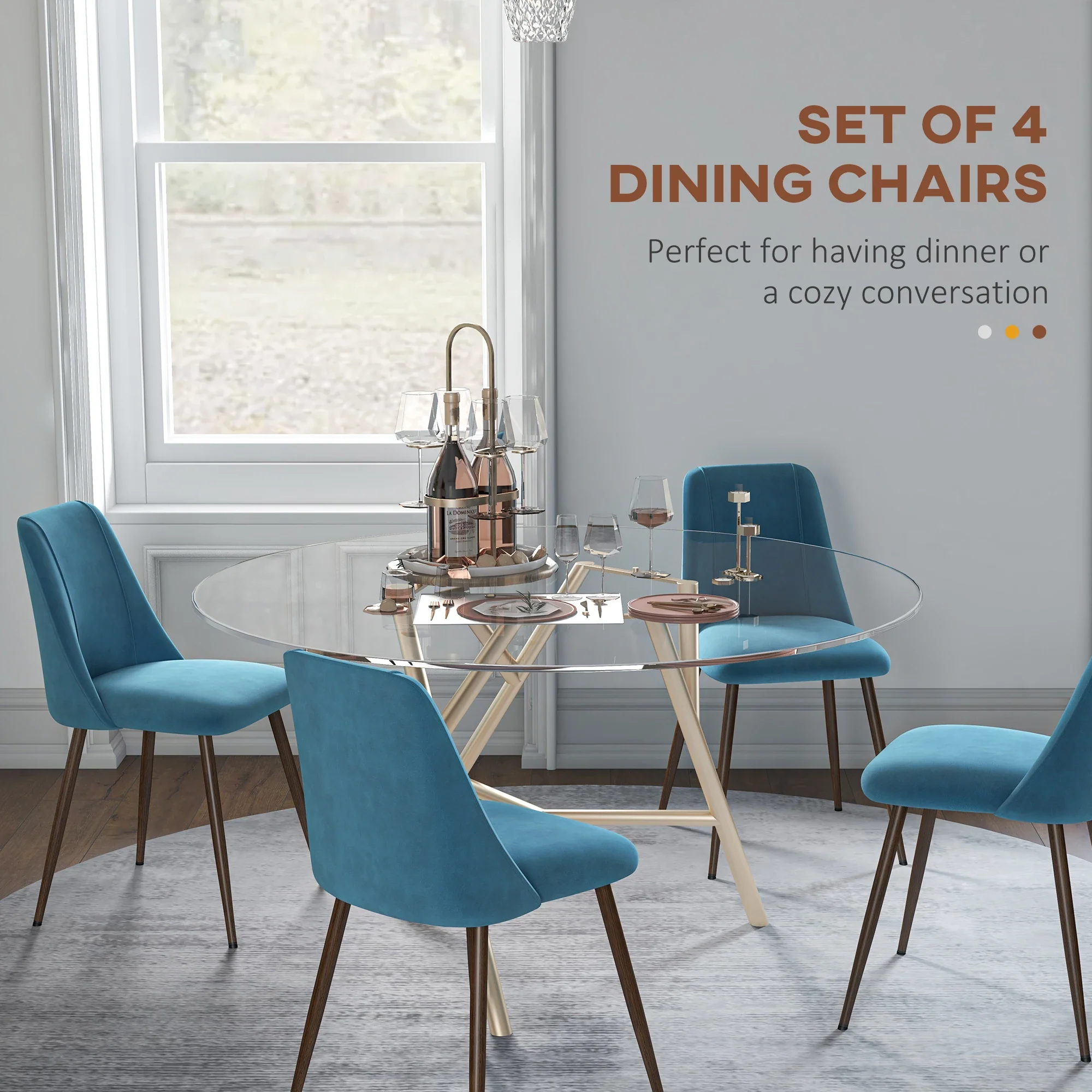 Upholstered Dining Chairs Set of 4, Velvet, Wood-Grain Steel Leg, Blue - Image 4