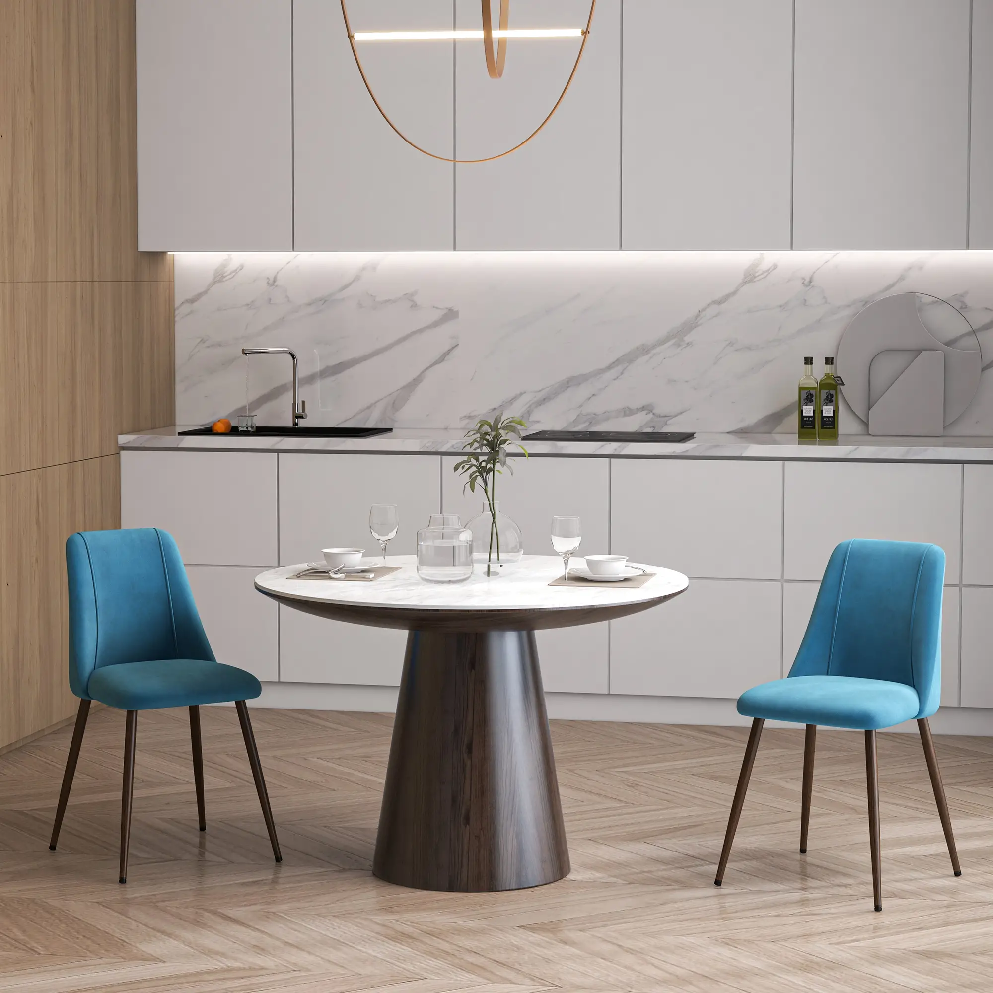 Upholstered Dining Chairs Set of 4, Velvet, Wood-Grain Steel Leg, Blue - Image 8