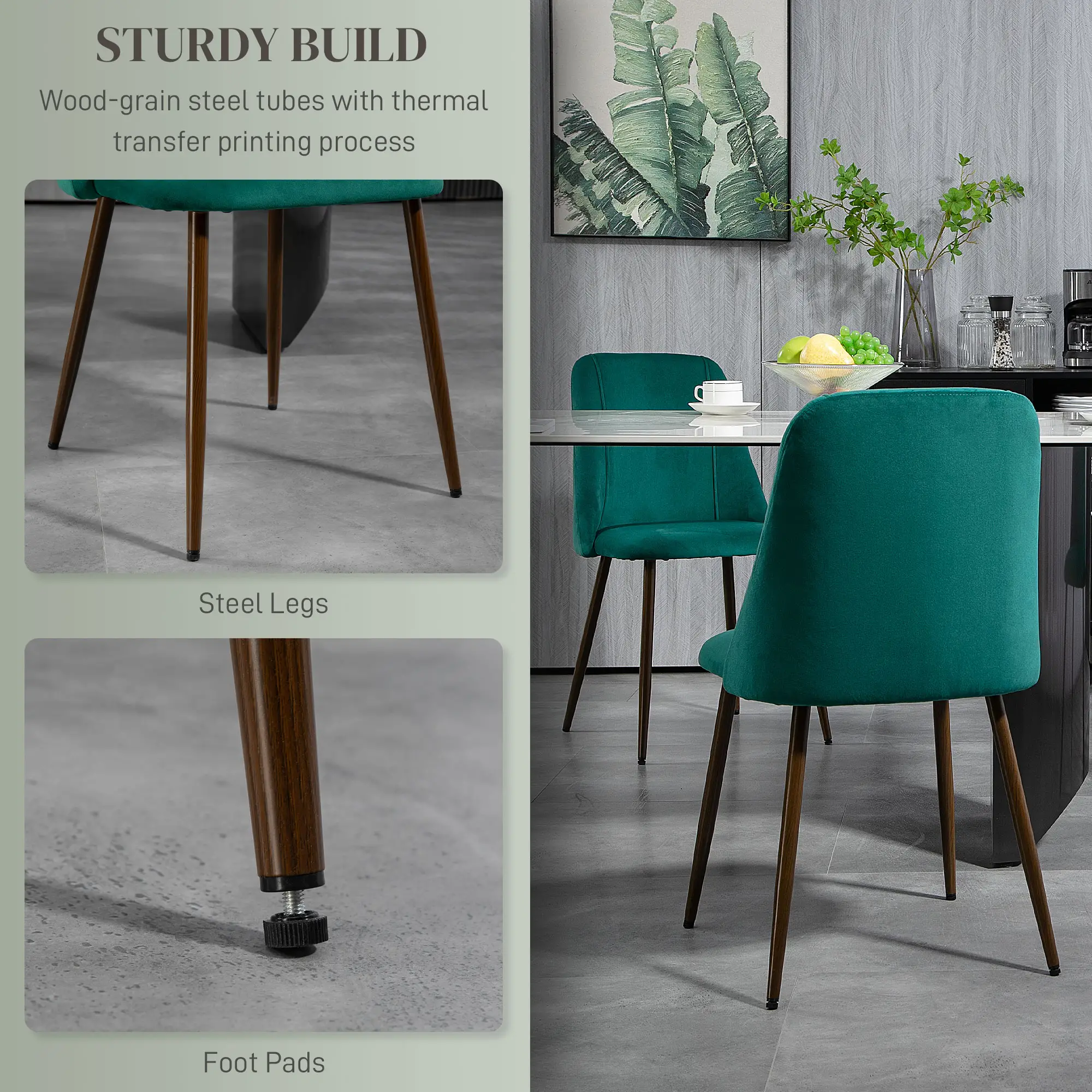 Upholstered Dining Chairs Set of 4, Velvet, Wood-Grain Steel Leg, Green - Image 6