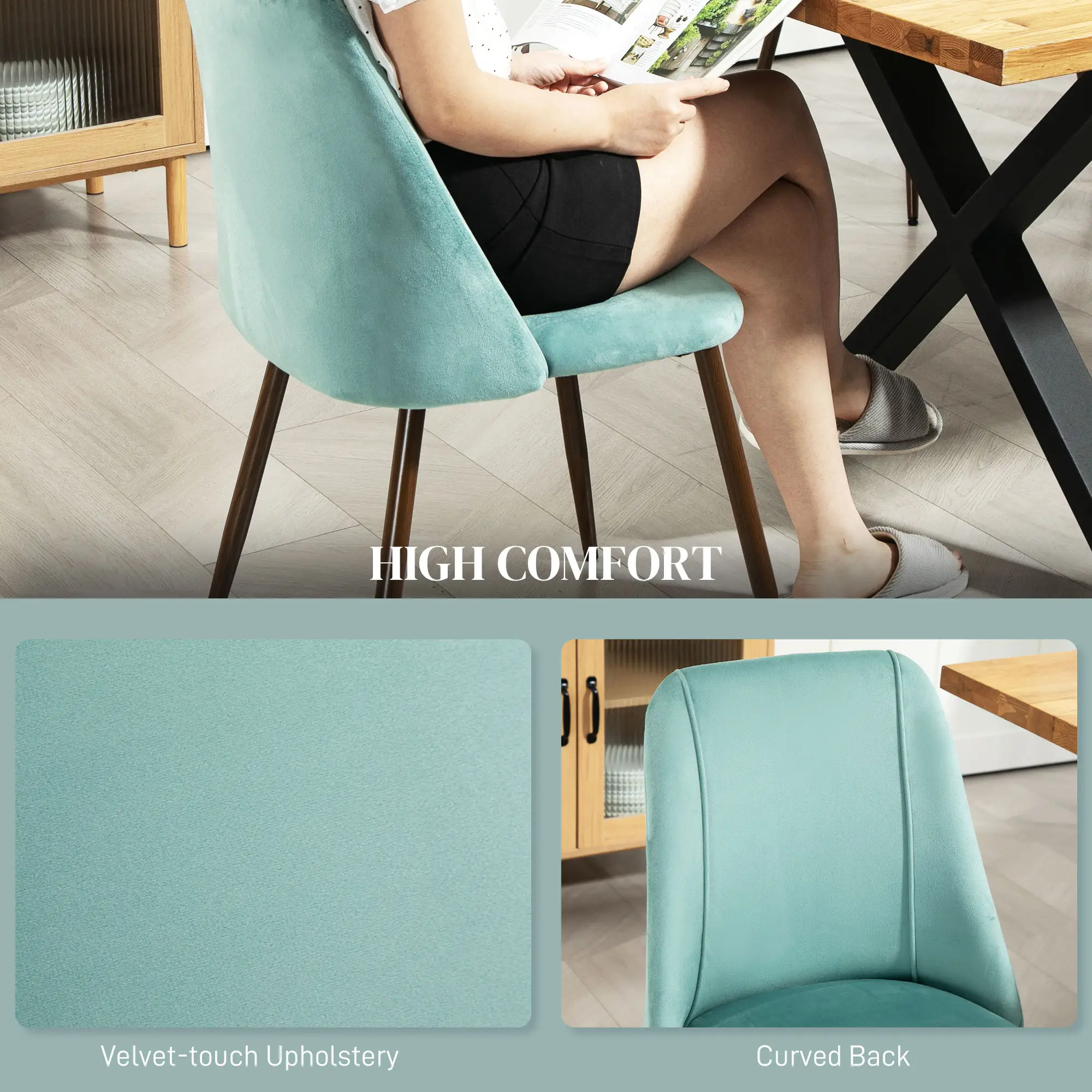 Upholstered Dining Chairs Set of 4, Velvet, Wood-Grain Steel Leg, Light Green - Image 5