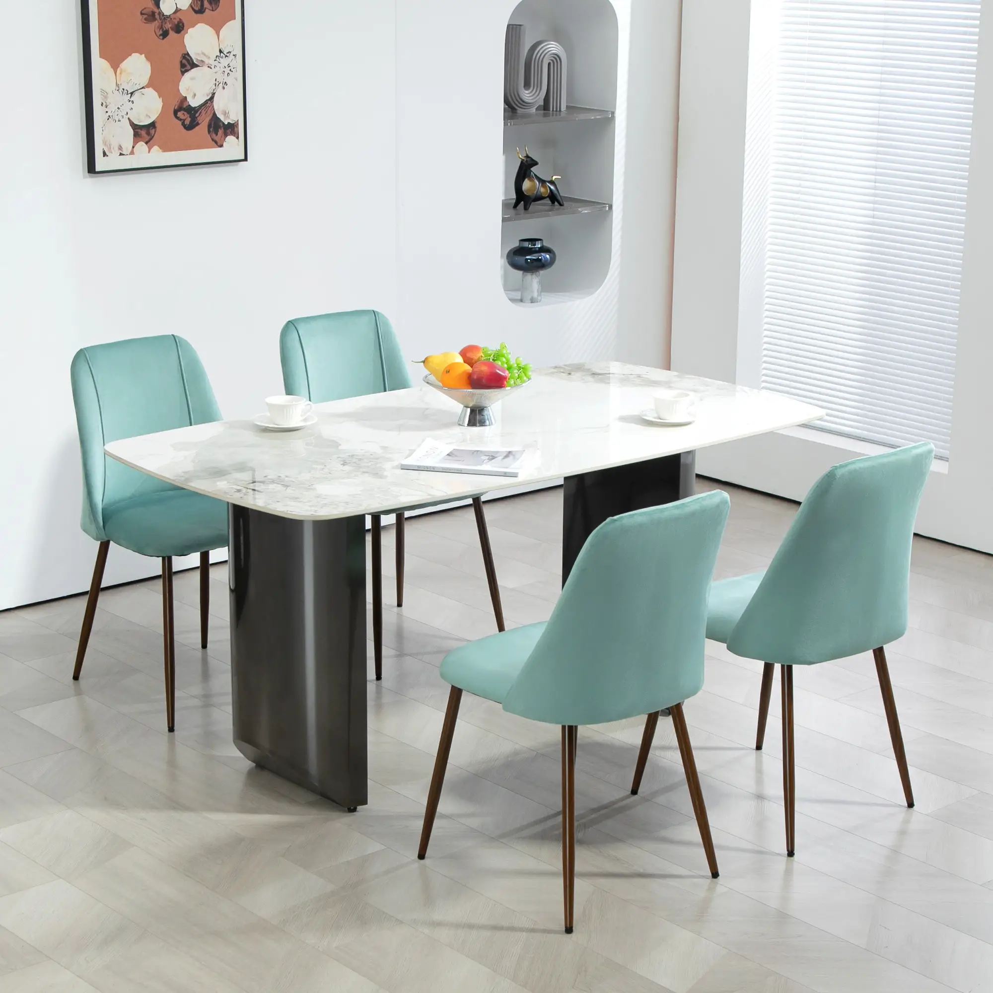 Upholstered Dining Chairs Set of 4, Velvet, Wood-Grain Steel Leg, Light Green - Image 8