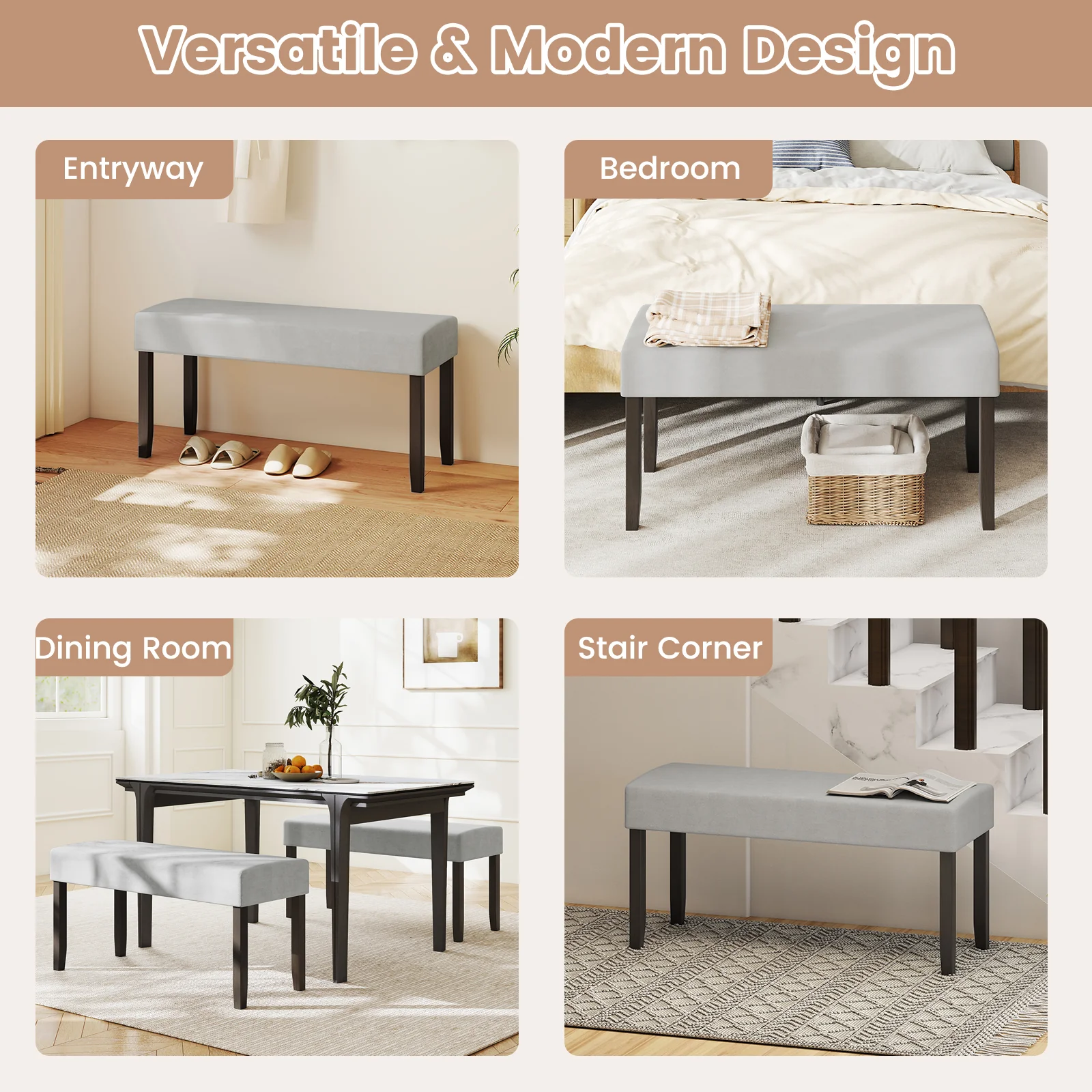Upholstered Entryway Bench, With Padded Seat, Gray - Image 10