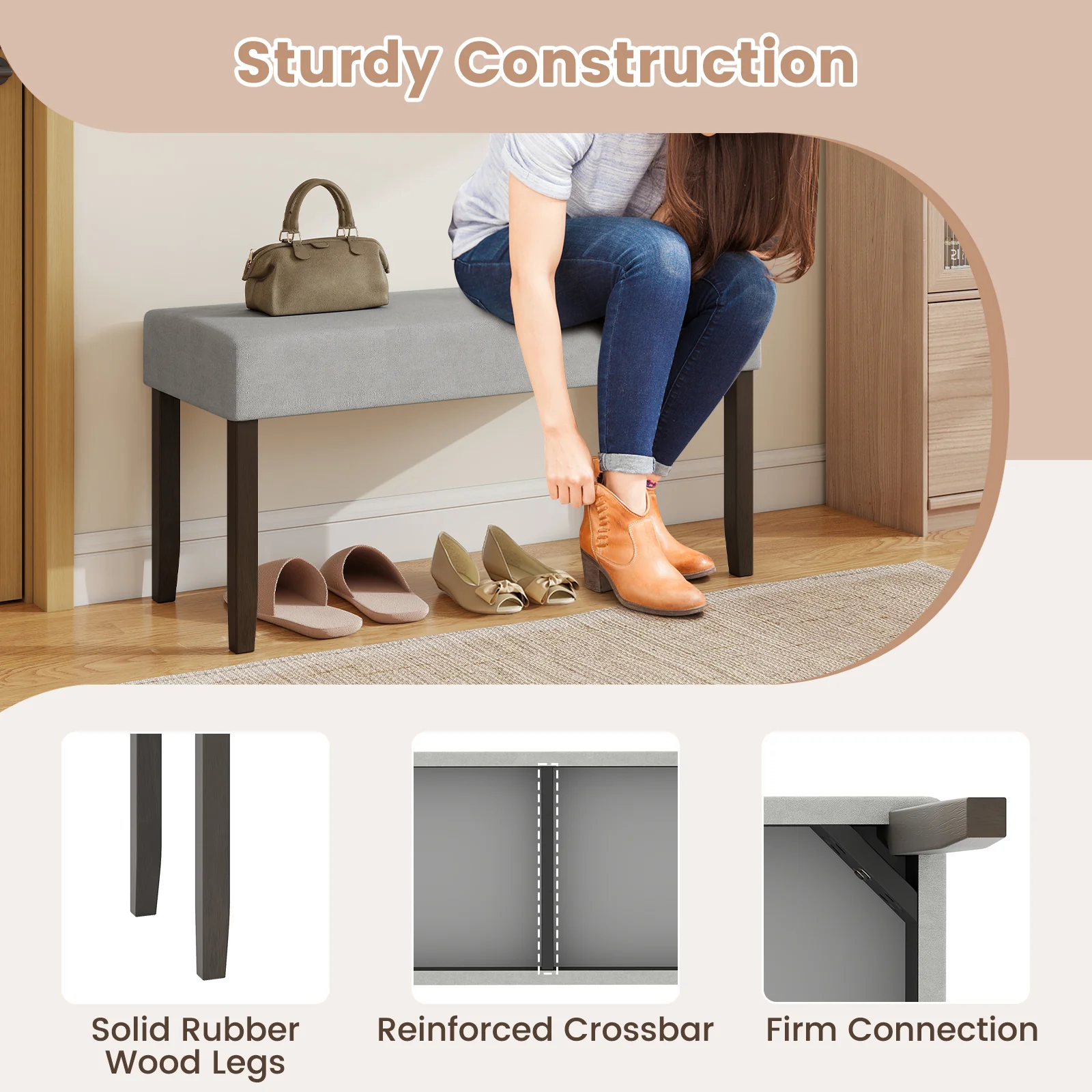 Upholstered Entryway Bench, With Padded Seat, Gray - Image 9