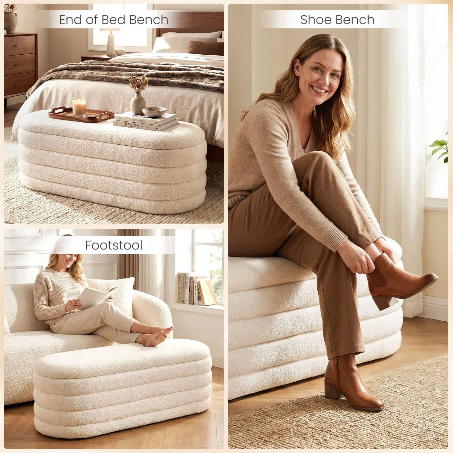 Upholstered Fabric Storage Ottoman Bench, White - Image 10