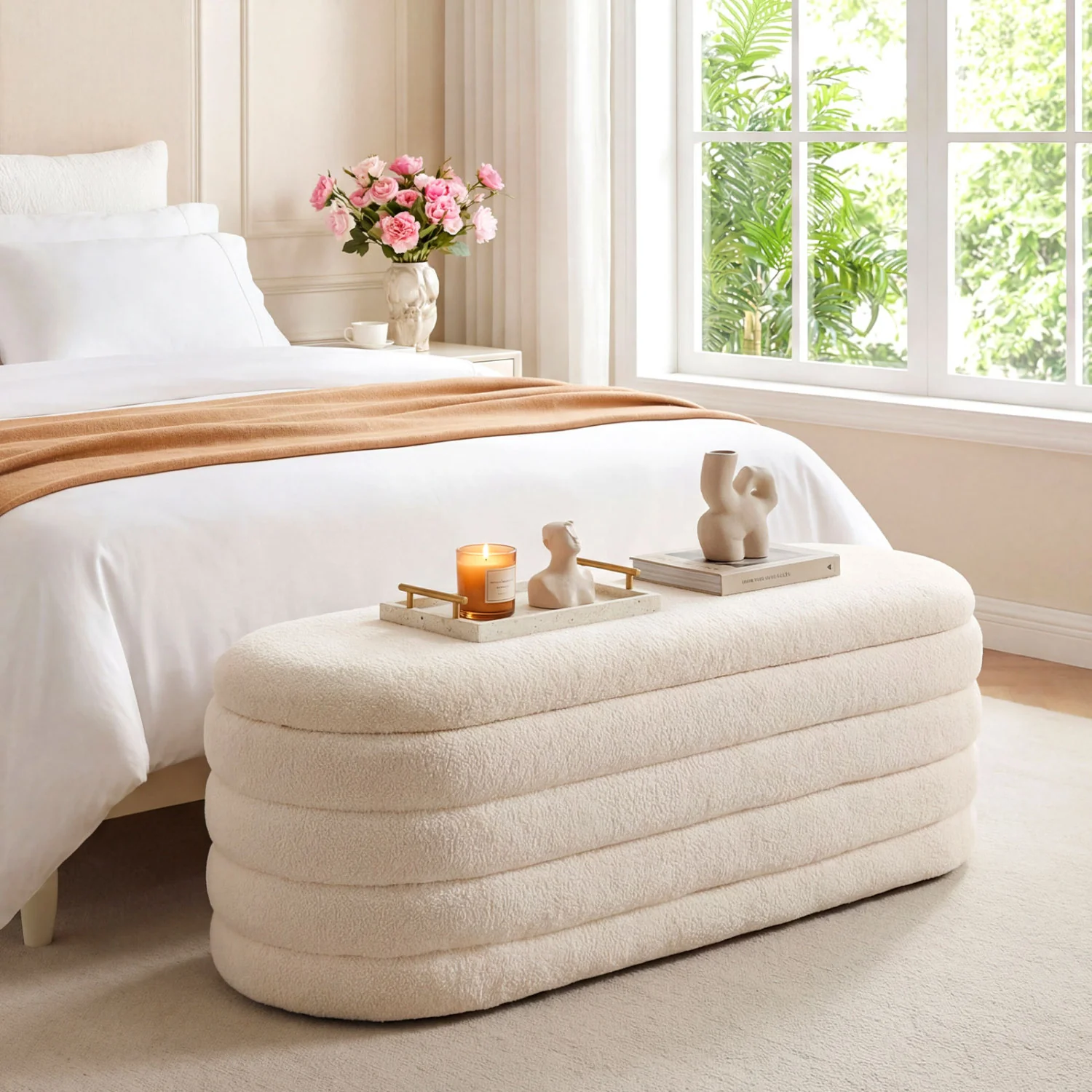 Upholstered Fabric Storage Ottoman Bench, White - Image 2