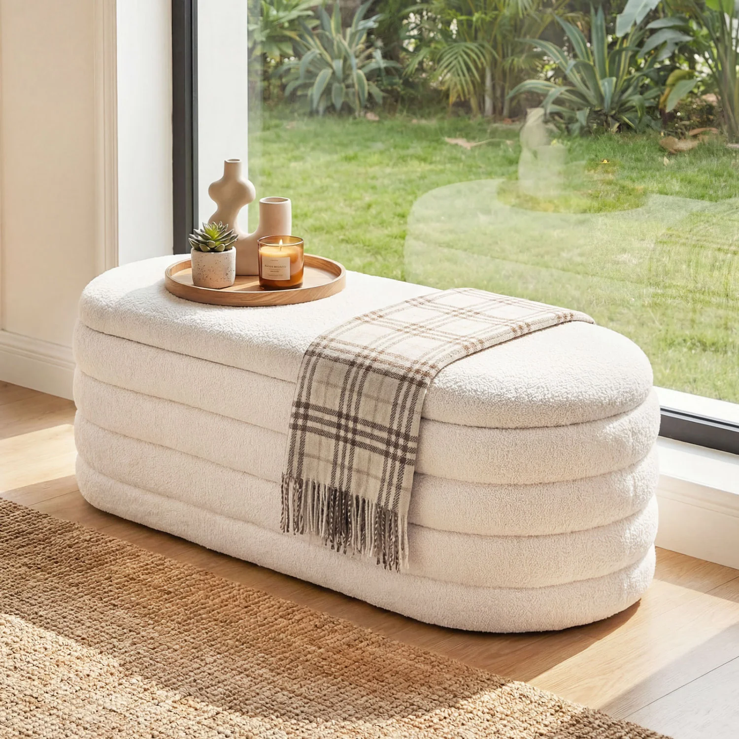 Upholstered Fabric Storage Ottoman Bench, White - Image 3