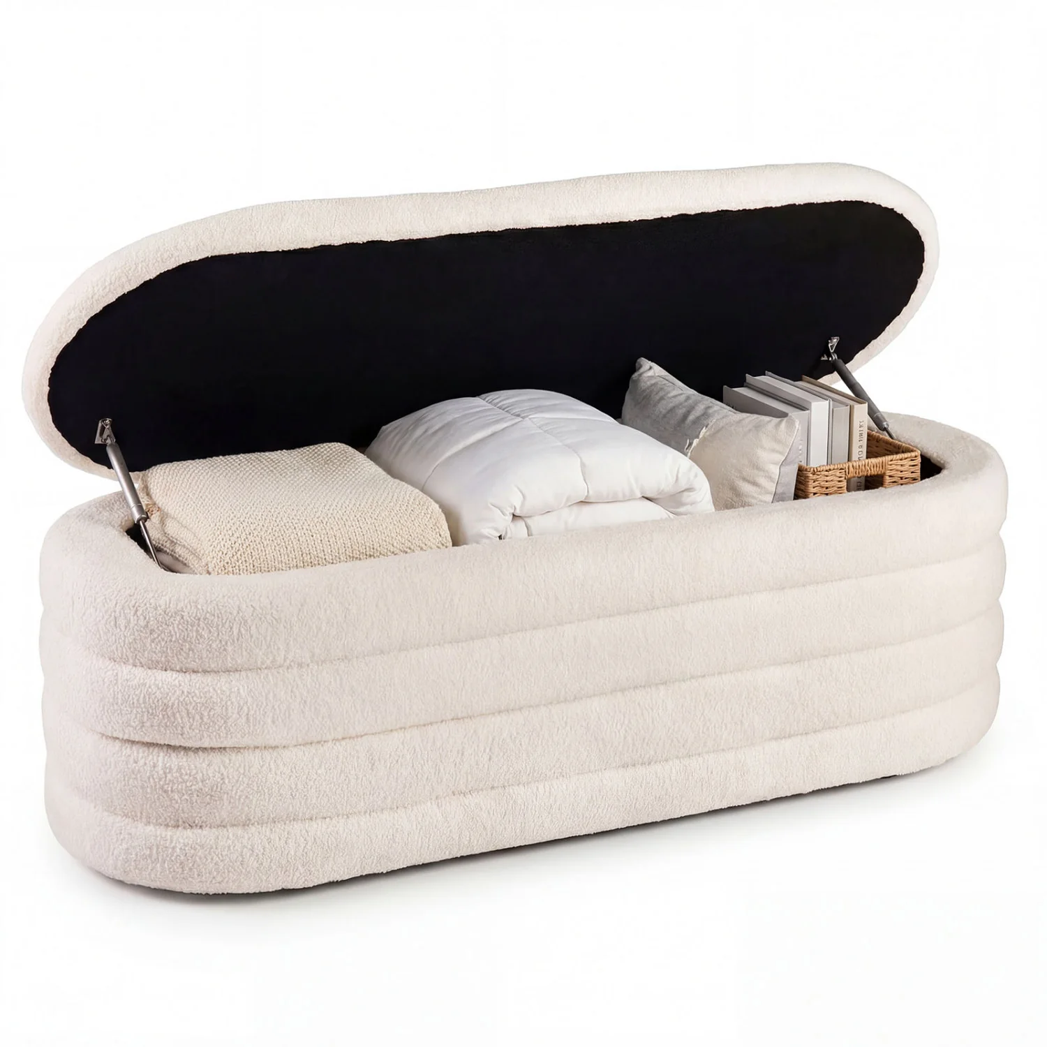 Upholstered Fabric Storage Ottoman Bench, White - Image 4