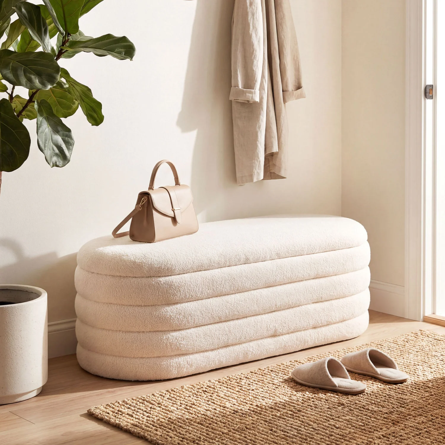 Upholstered Fabric Storage Ottoman Bench, White - Image 6