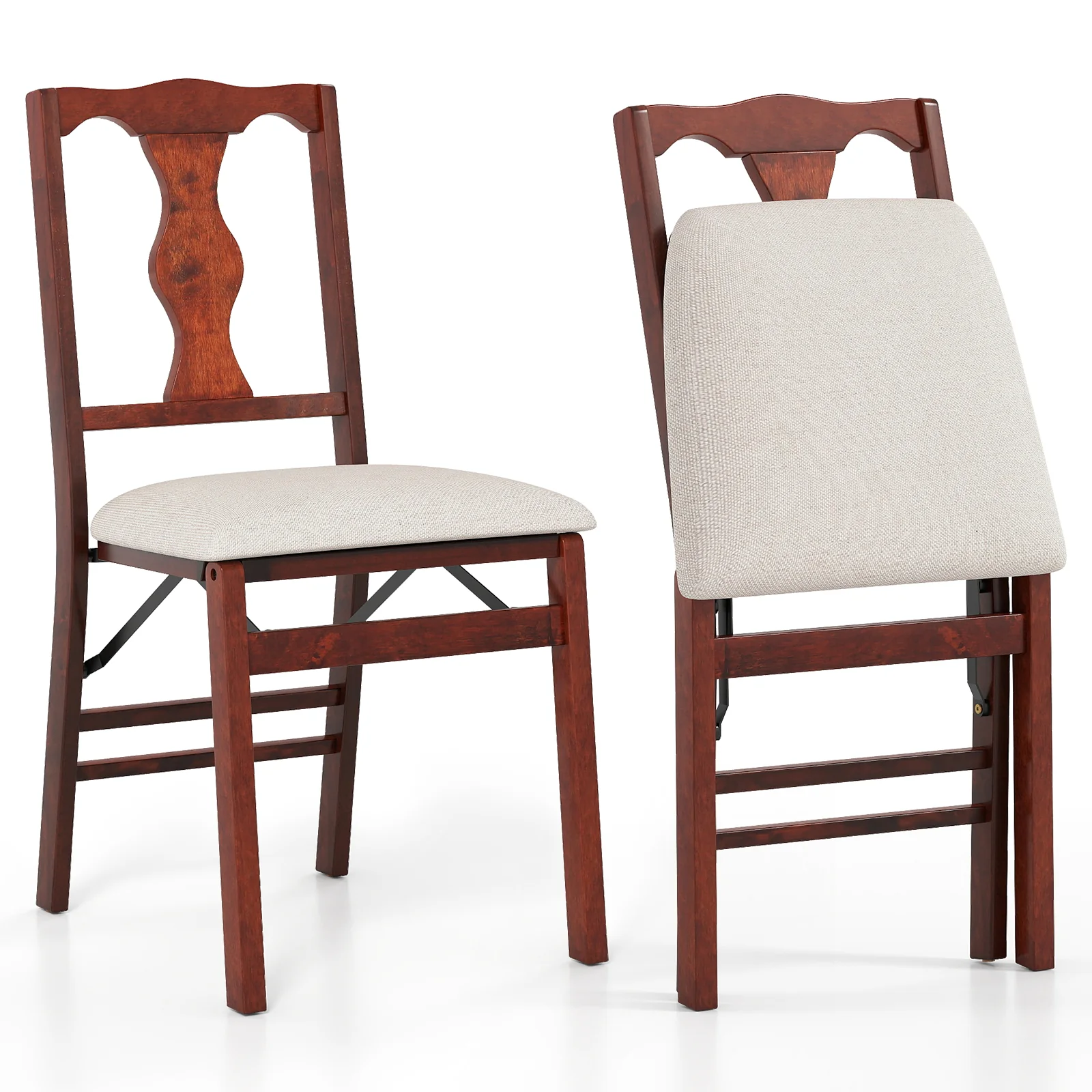 Upholstered Folding Chairs, Set of 2, Comfy Padded Seats, Beige