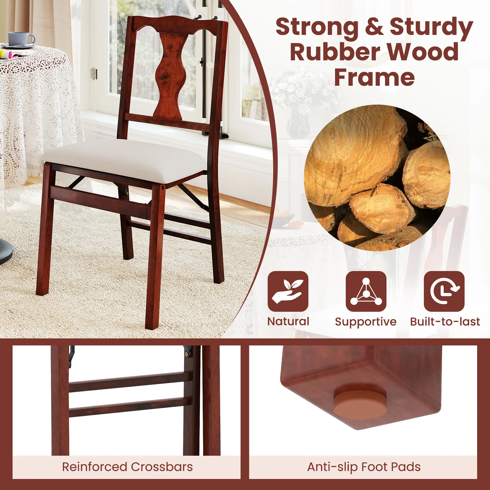 Upholstered Folding Chairs, Set of 2, Comfy Padded Seats, Beige - Image 8