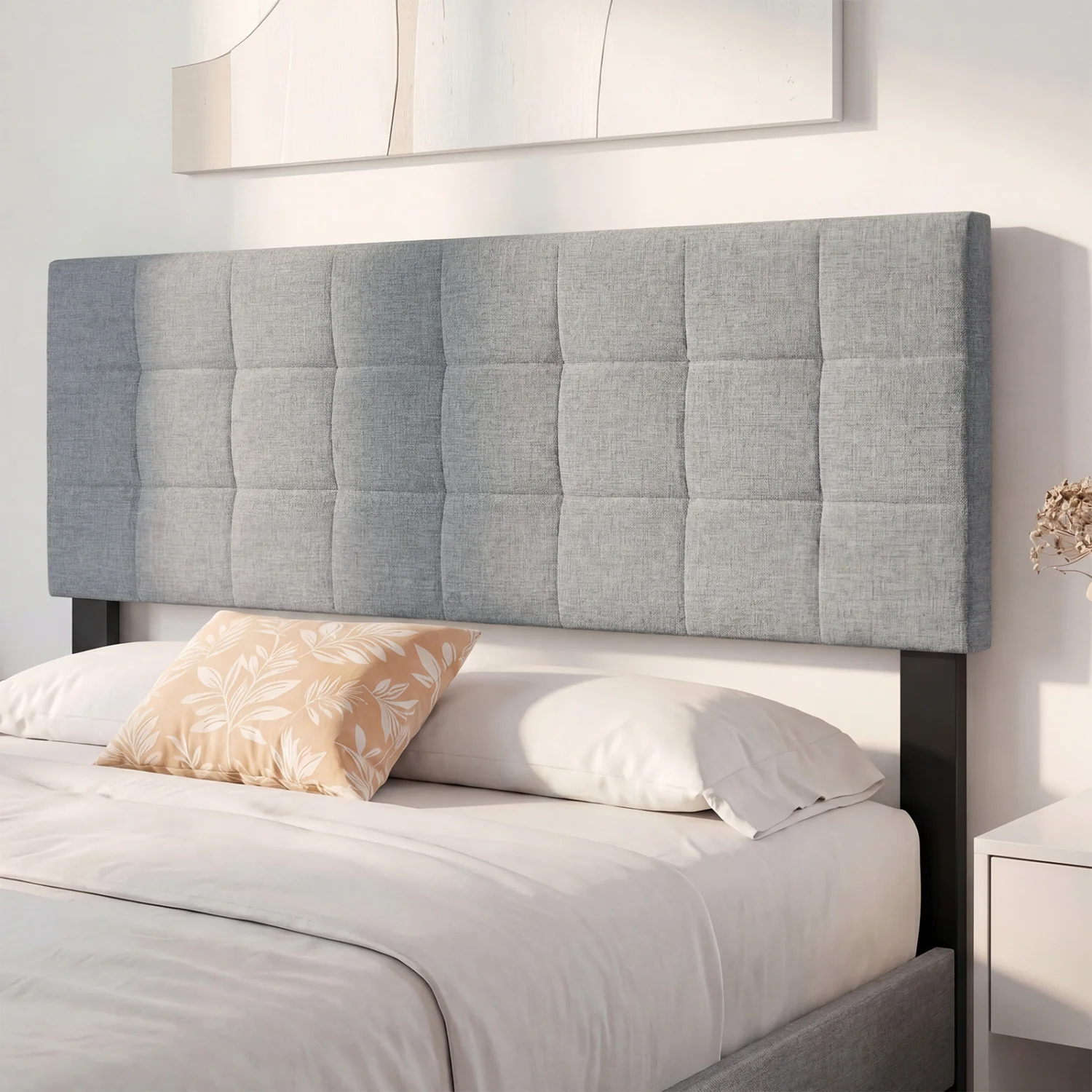 Upholstered Headboard, Queen/Full, Quilted Grid Linen, Gray - Image 6
