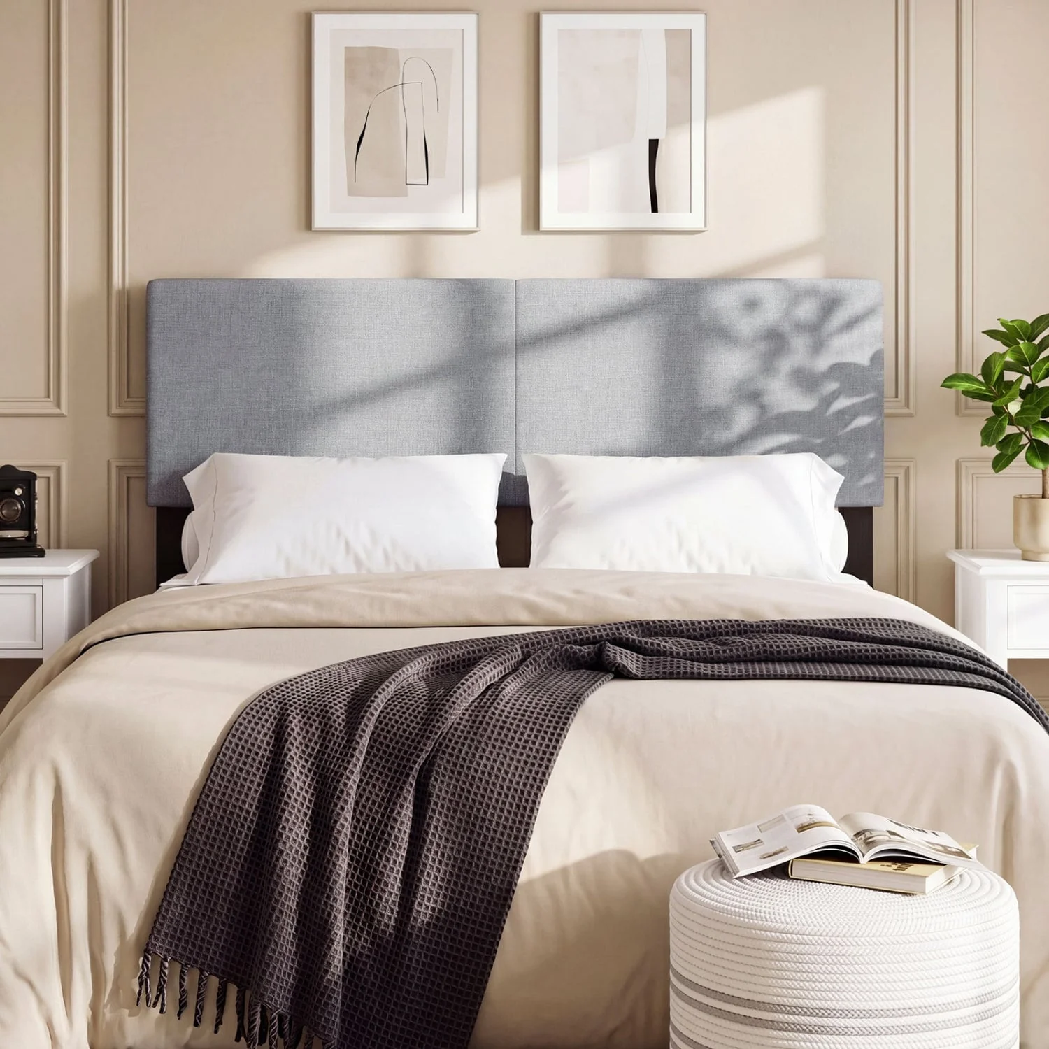 Upholstered Headboard, Queen/Full, Quilted Linen, Gray - Image 3