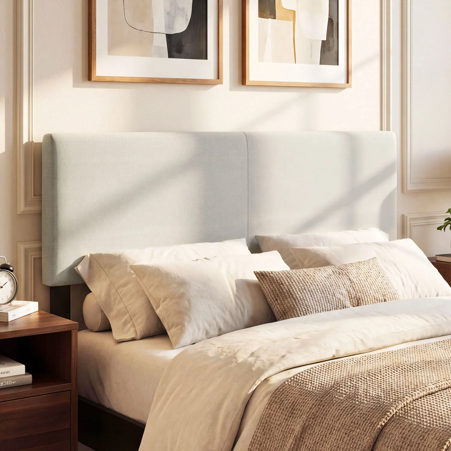 Upholstered Headboard Queen, Full Size, Quilted Linen, Beige - Image 6