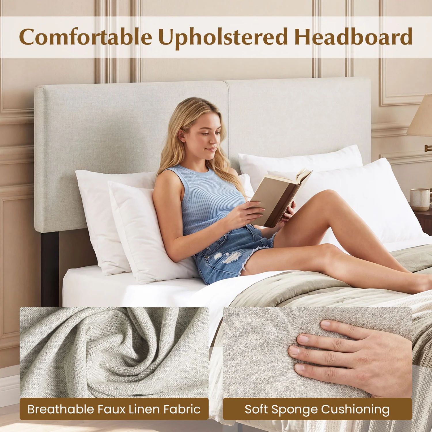 Upholstered Headboard Queen, Full Size, Quilted Linen, Beige - Image 7