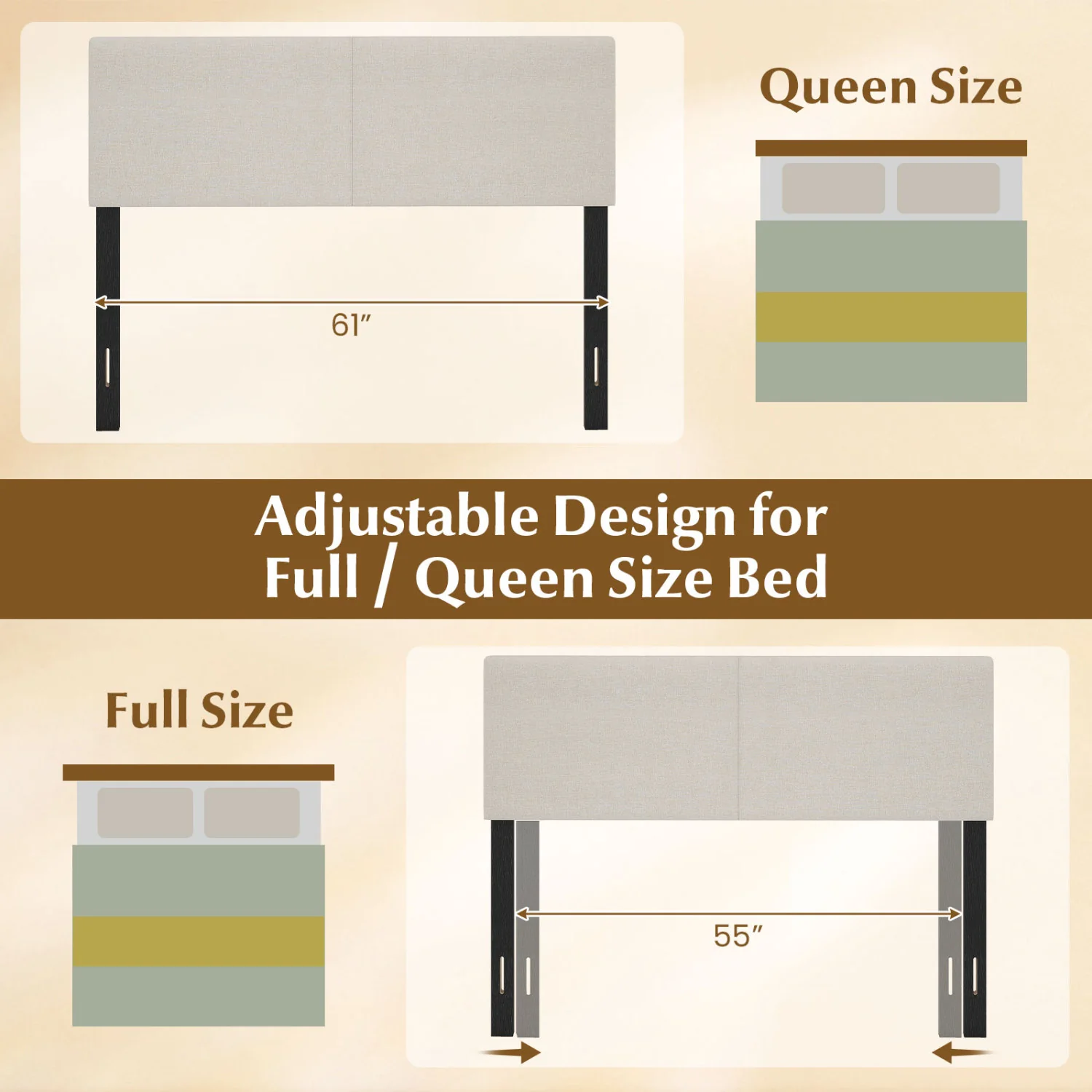 Upholstered Headboard Queen, Full Size, Quilted Linen, Beige - Image 8