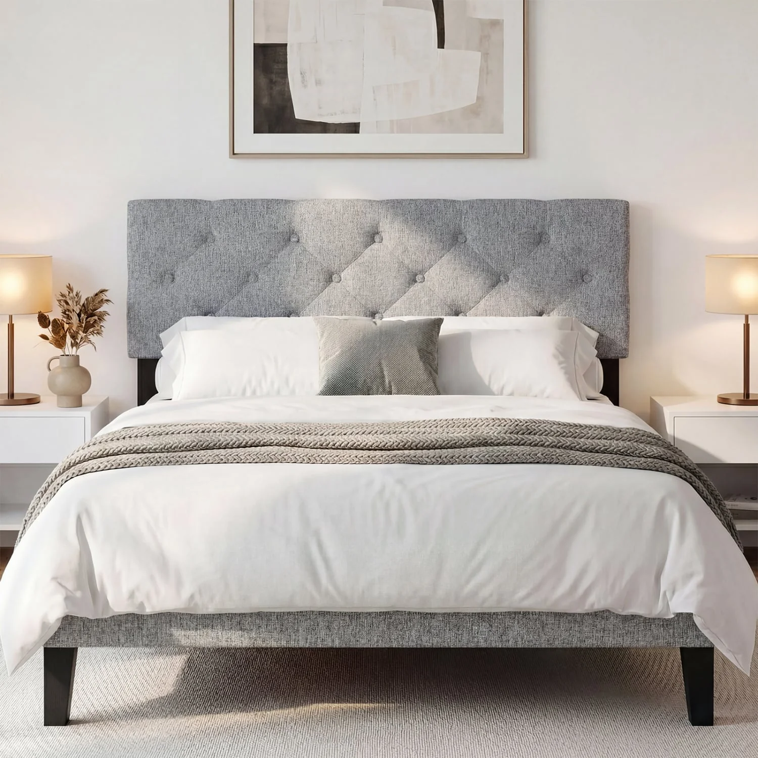 Upholstered Headboard Queen/Full, Tufted Linen, Gray - Image 3