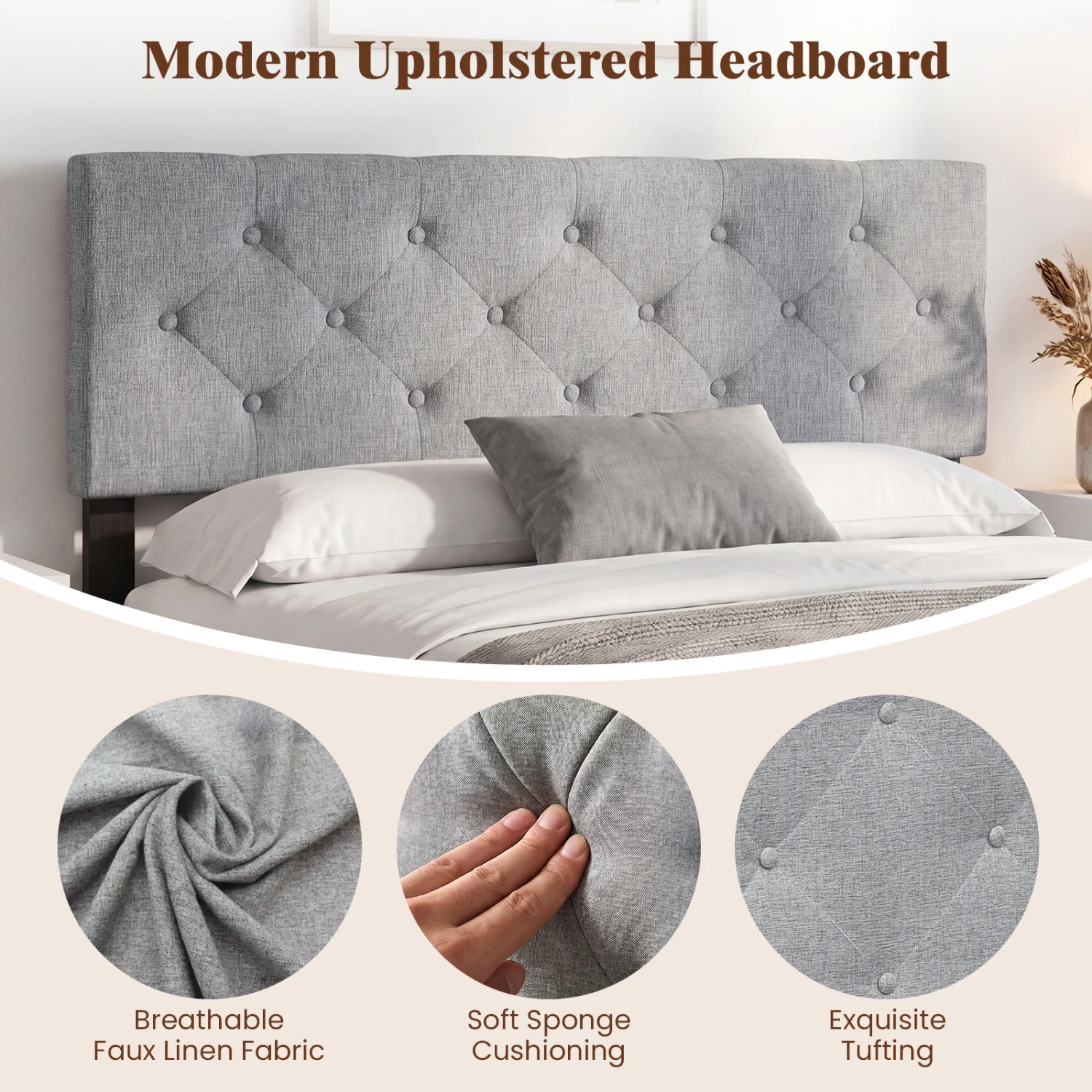 Upholstered Headboard Queen/Full, Tufted Linen, Gray - Image 7
