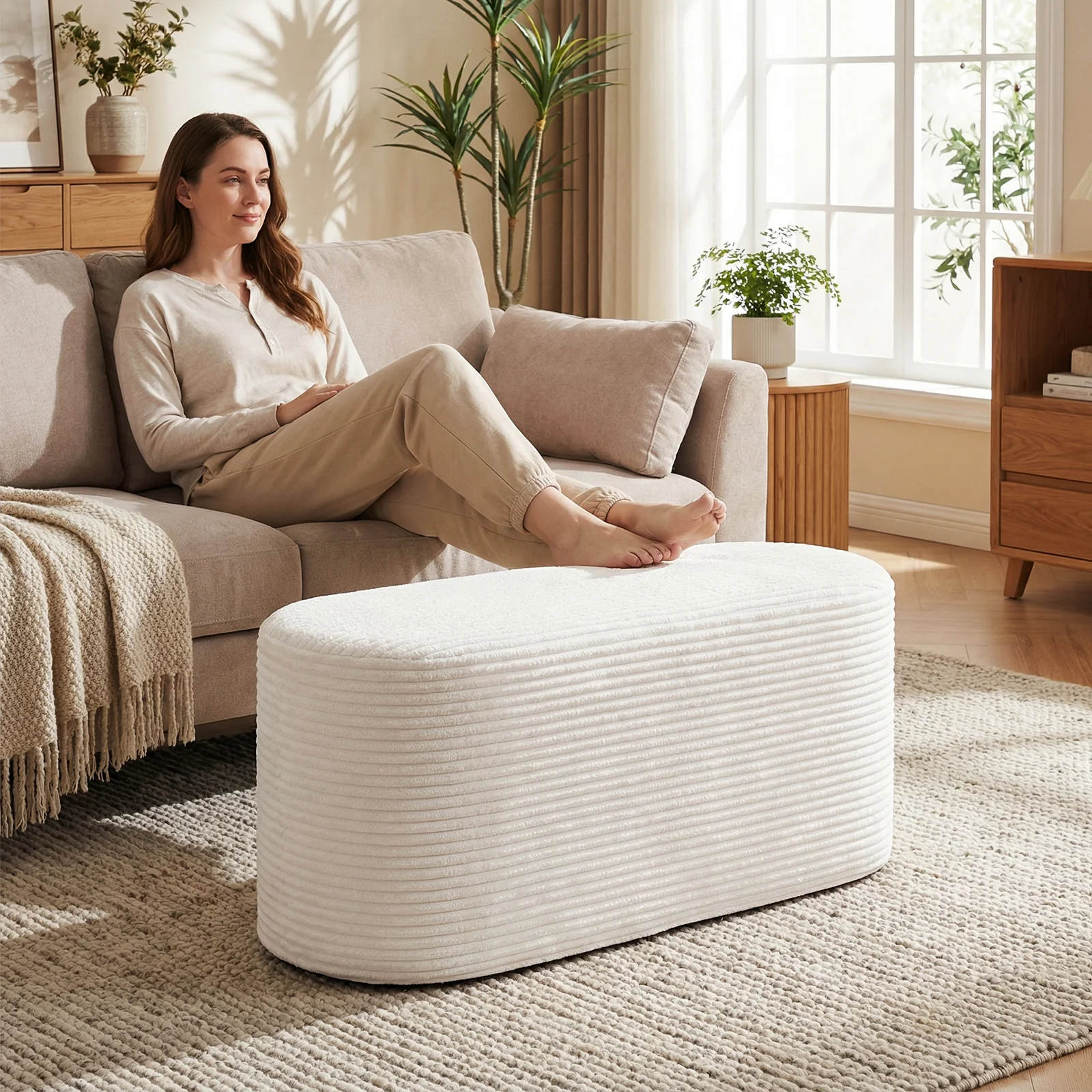 Upholstered Ottoman Bench with High-Density Sponge, Beige - Image 2