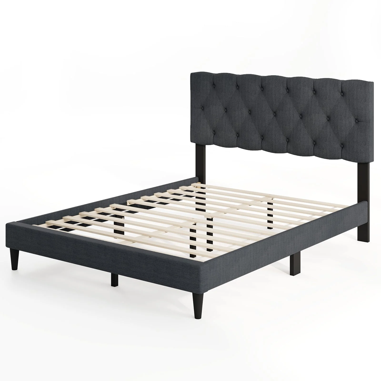 Upholstered Platform Bed, Tufted Headboard, Wooden Slats, Full Size, Gray - Image 4