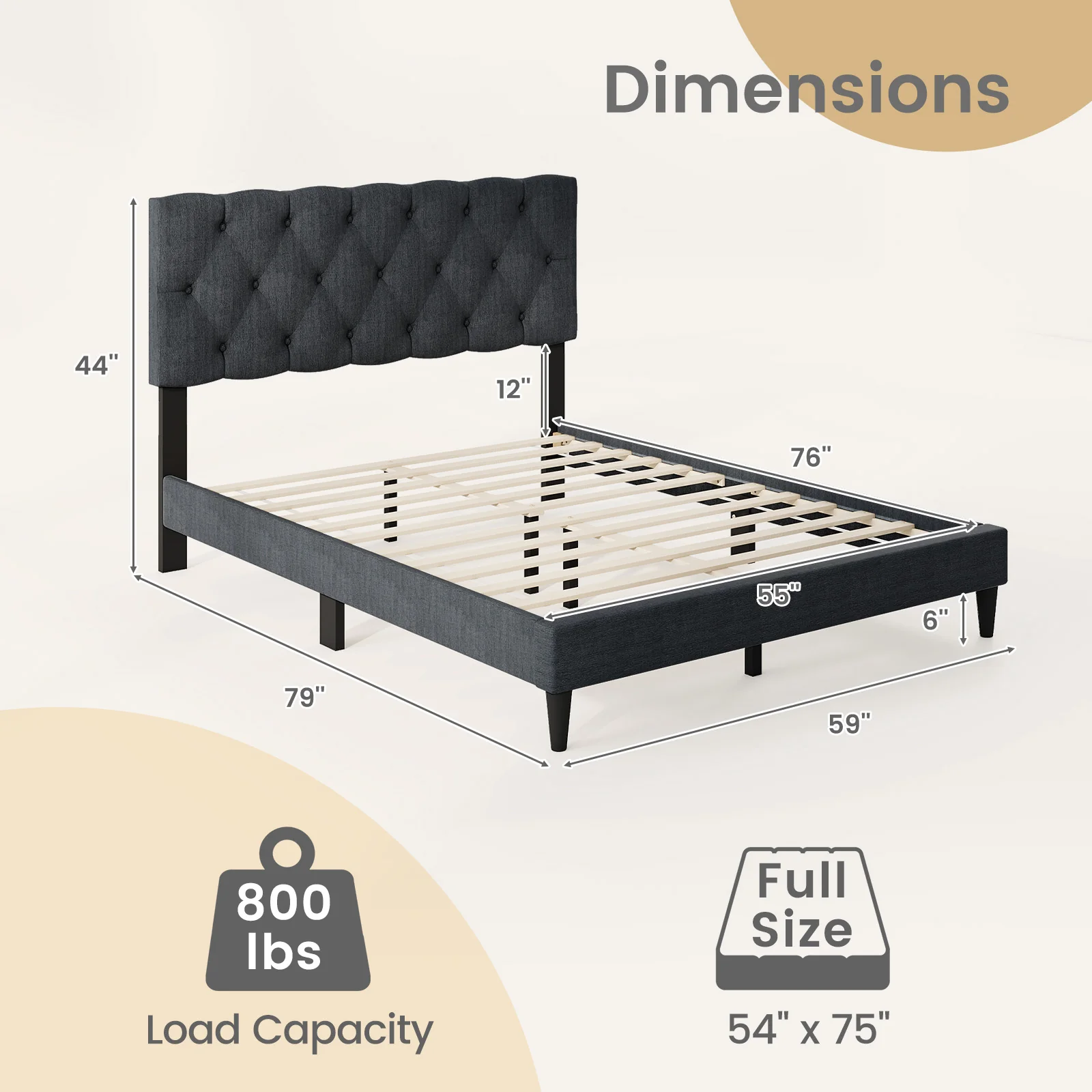 Upholstered Platform Bed, Tufted Headboard, Wooden Slats, Full Size, Gray - Image 5