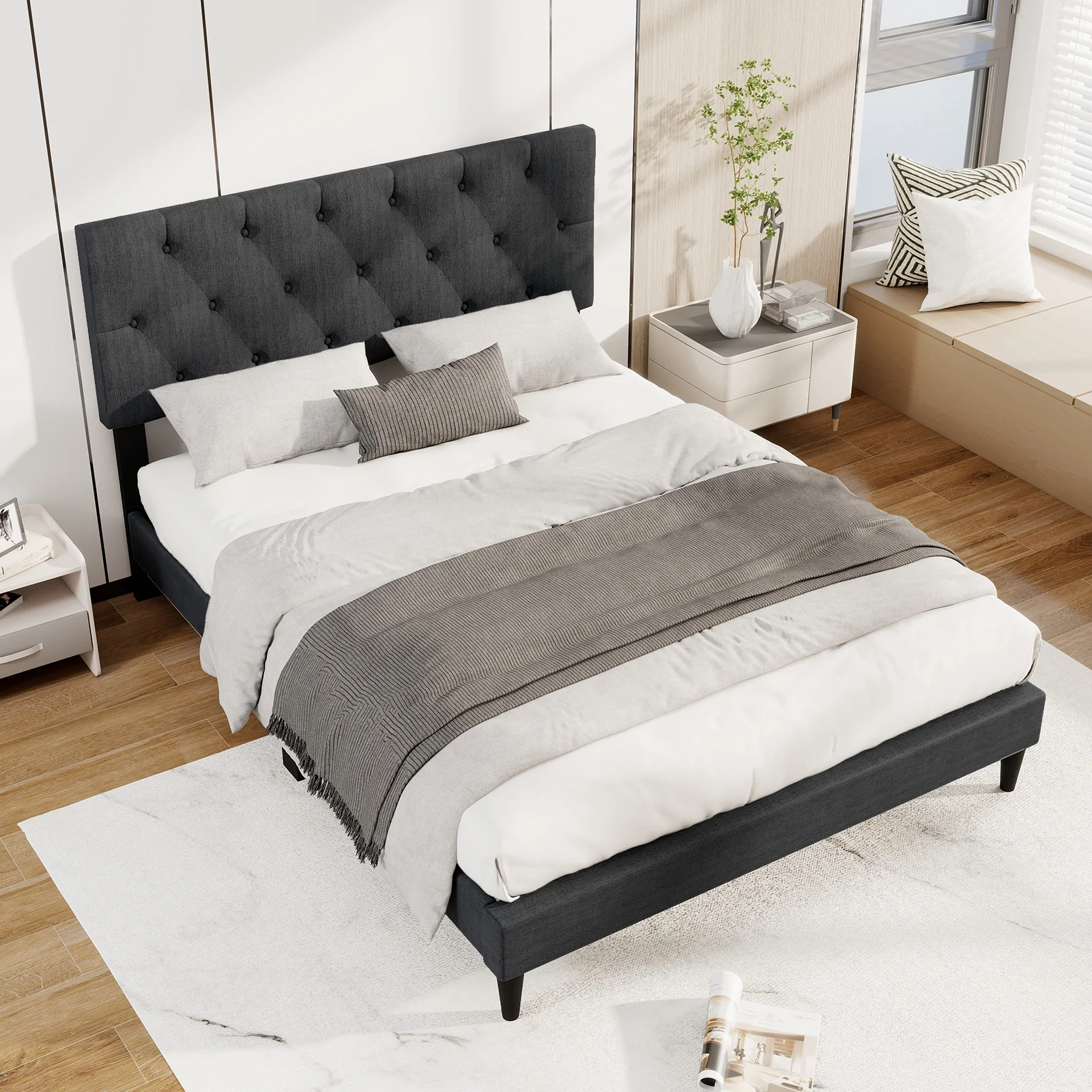 Upholstered Platform Bed, Tufted Headboard, Wooden Slats, Full Size, Gray - Image 6