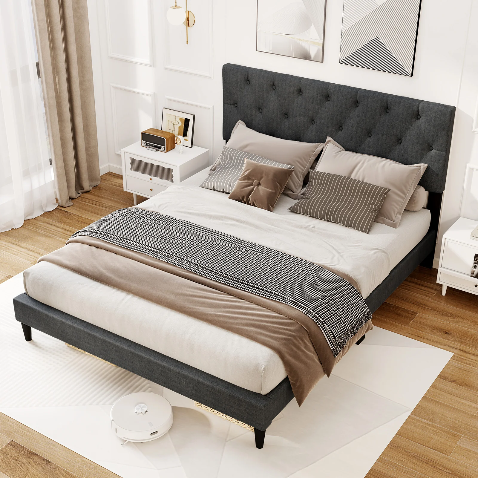 Upholstered Platform Bed, Tufted Headboard, Wooden Slats, Queen Size, Gray - Image 3
