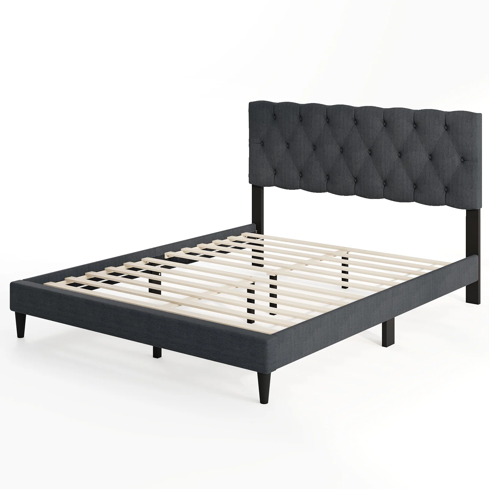 Upholstered Platform Bed, Tufted Headboard, Wooden Slats, Queen Size, Gray - Image 4