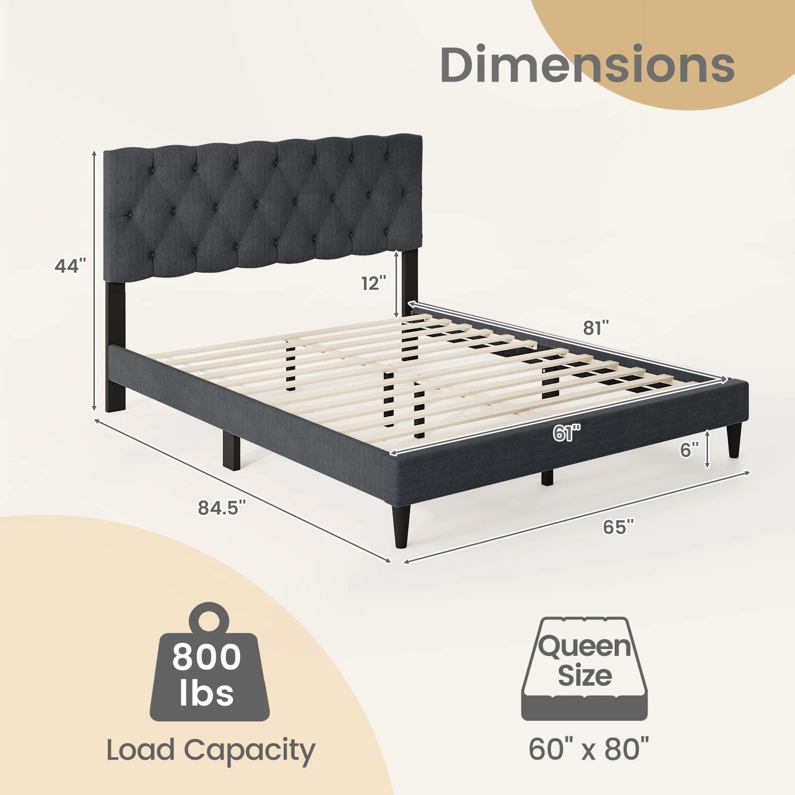 Upholstered Platform Bed, Tufted Headboard, Wooden Slats, Queen Size, Gray - Image 5