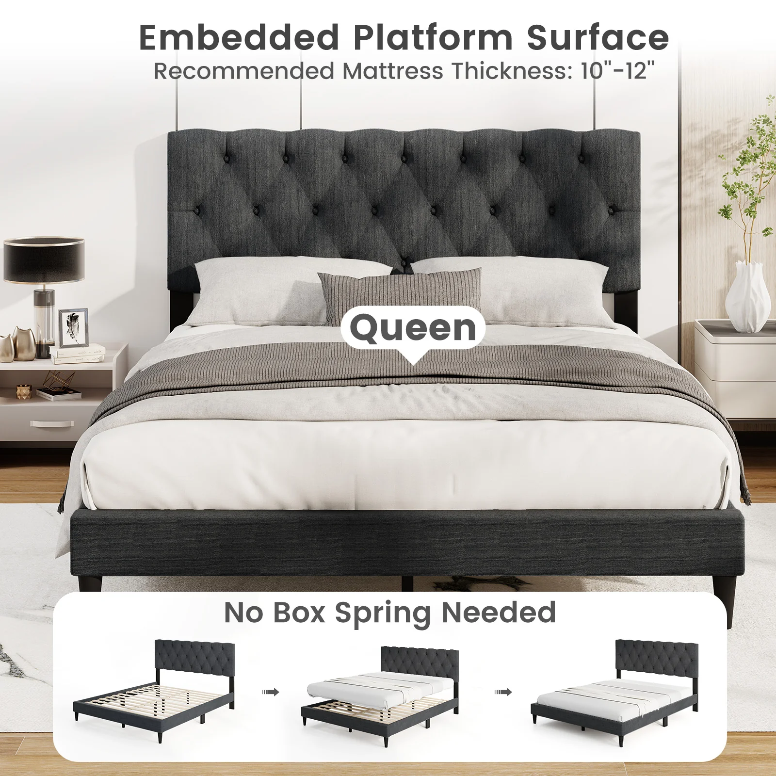 Upholstered Platform Bed, Tufted Headboard, Wooden Slats, Queen Size, Gray - Image 9