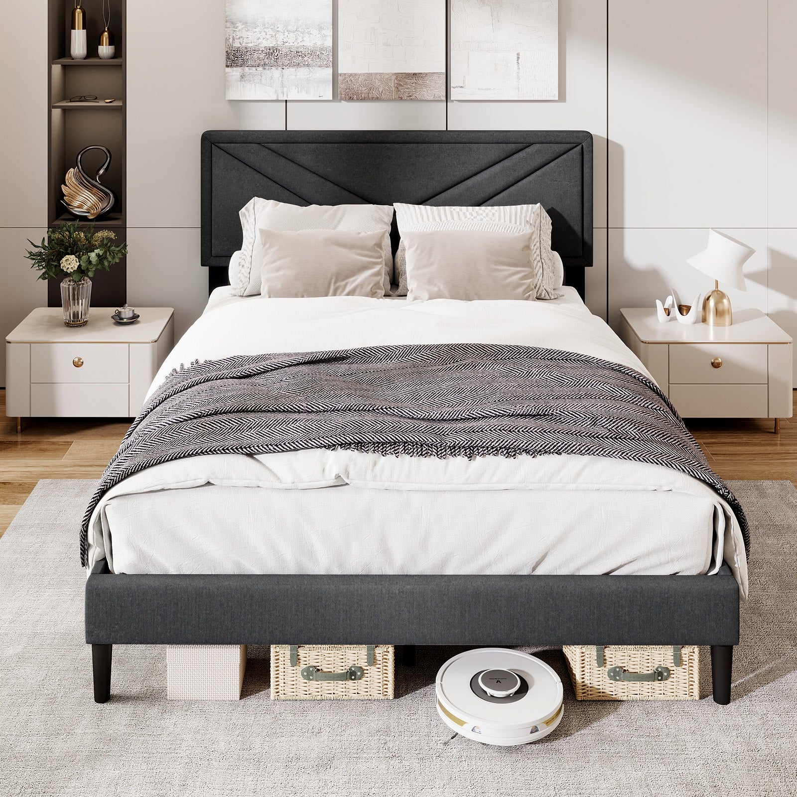 Upholstered Platform Bed with Tufted Headboard and Wooden Slats-Queen Size, Gray - Image 10