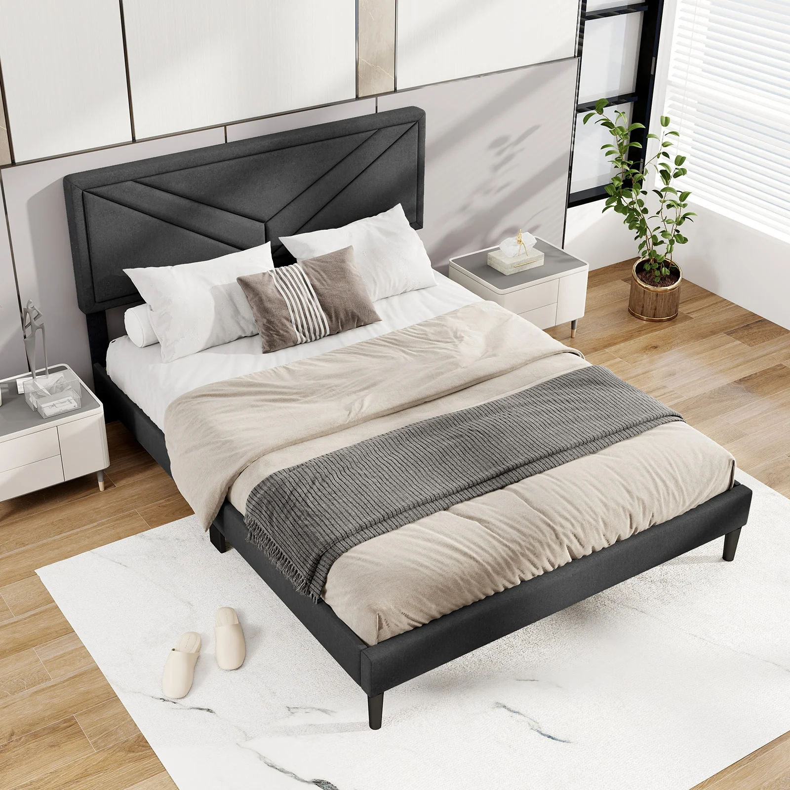 Upholstered Platform Bed with Tufted Headboard and Wooden Slats-Queen Size, Gray - Image 2