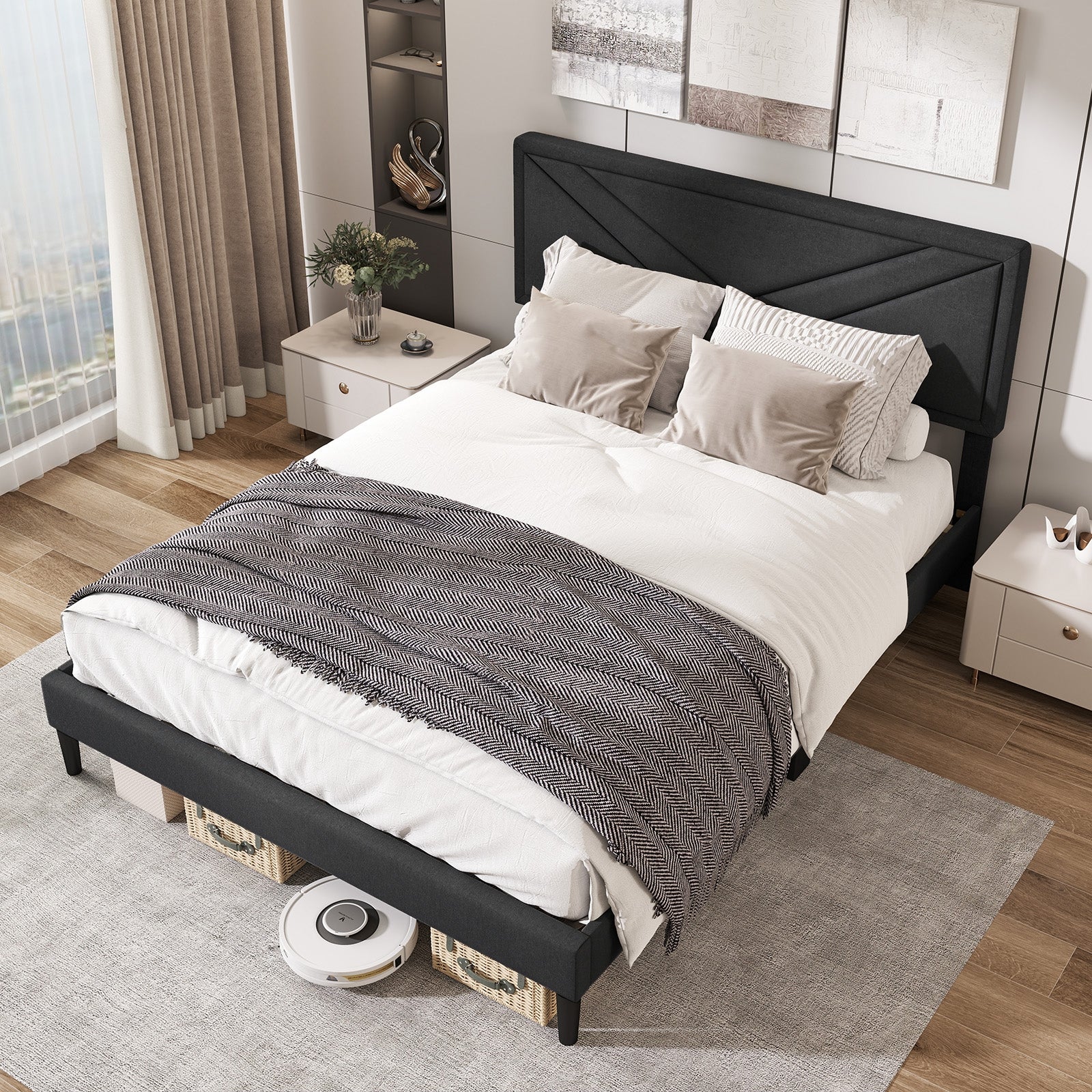Upholstered Platform Bed with Tufted Headboard and Wooden Slats-Queen Size, Gray - Image 3