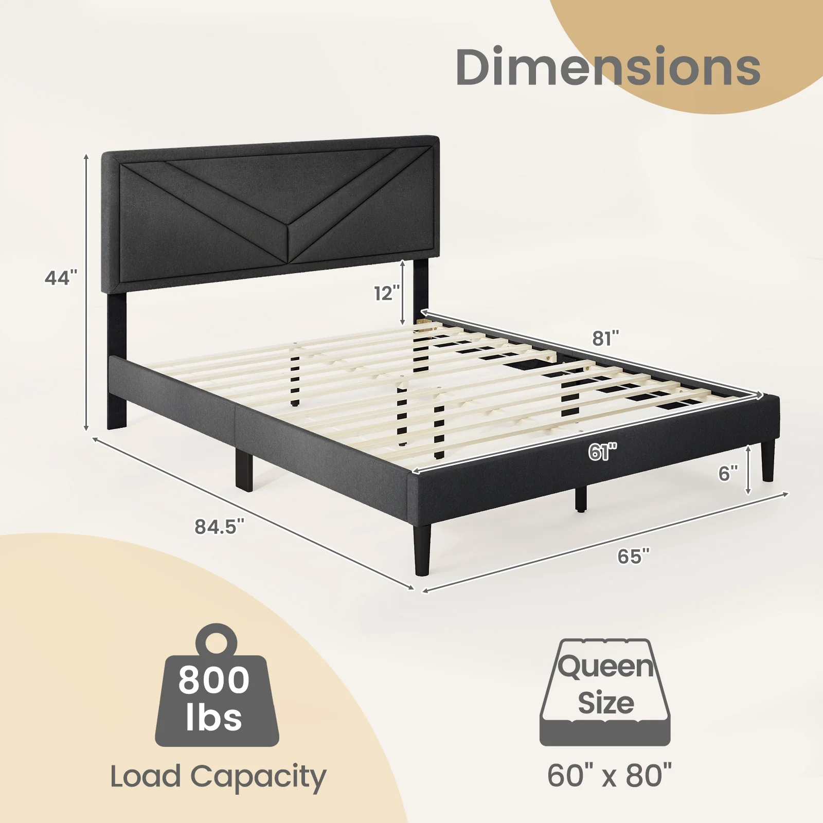 Upholstered Platform Bed with Tufted Headboard and Wooden Slats-Queen Size, Gray - Image 5