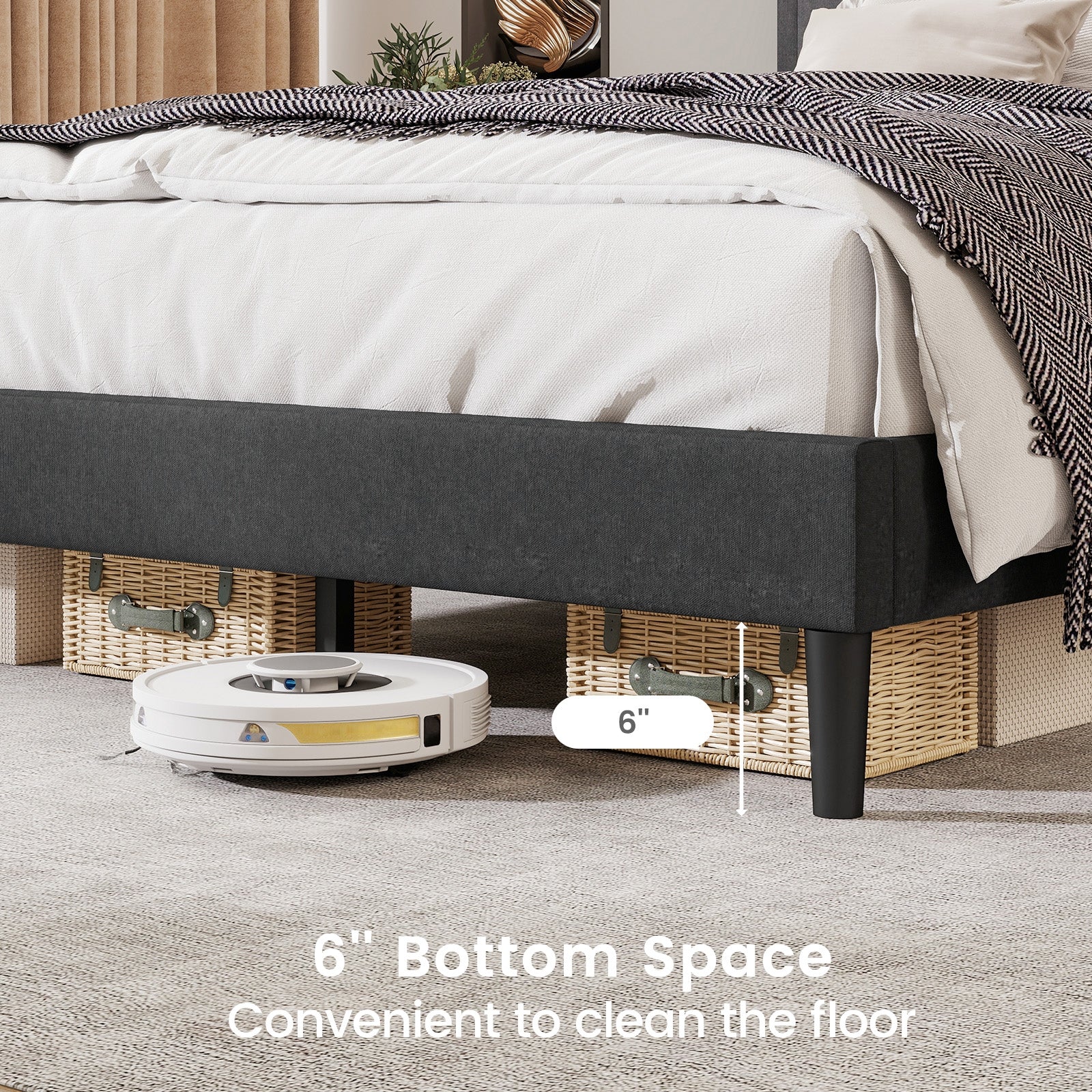 Upholstered Platform Bed with Tufted Headboard and Wooden Slats-Queen Size, Gray - Image 7
