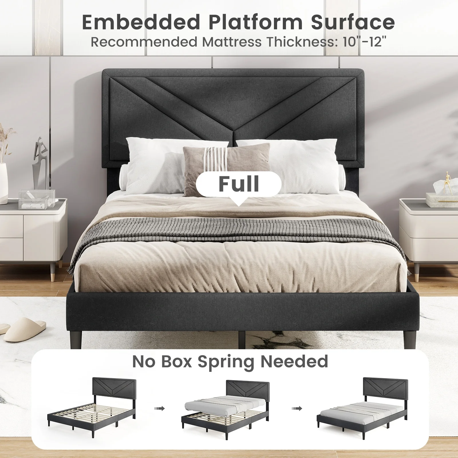 Upholstered Platform Bed With Tufted Headboard, Full Size, Gray - Image 10