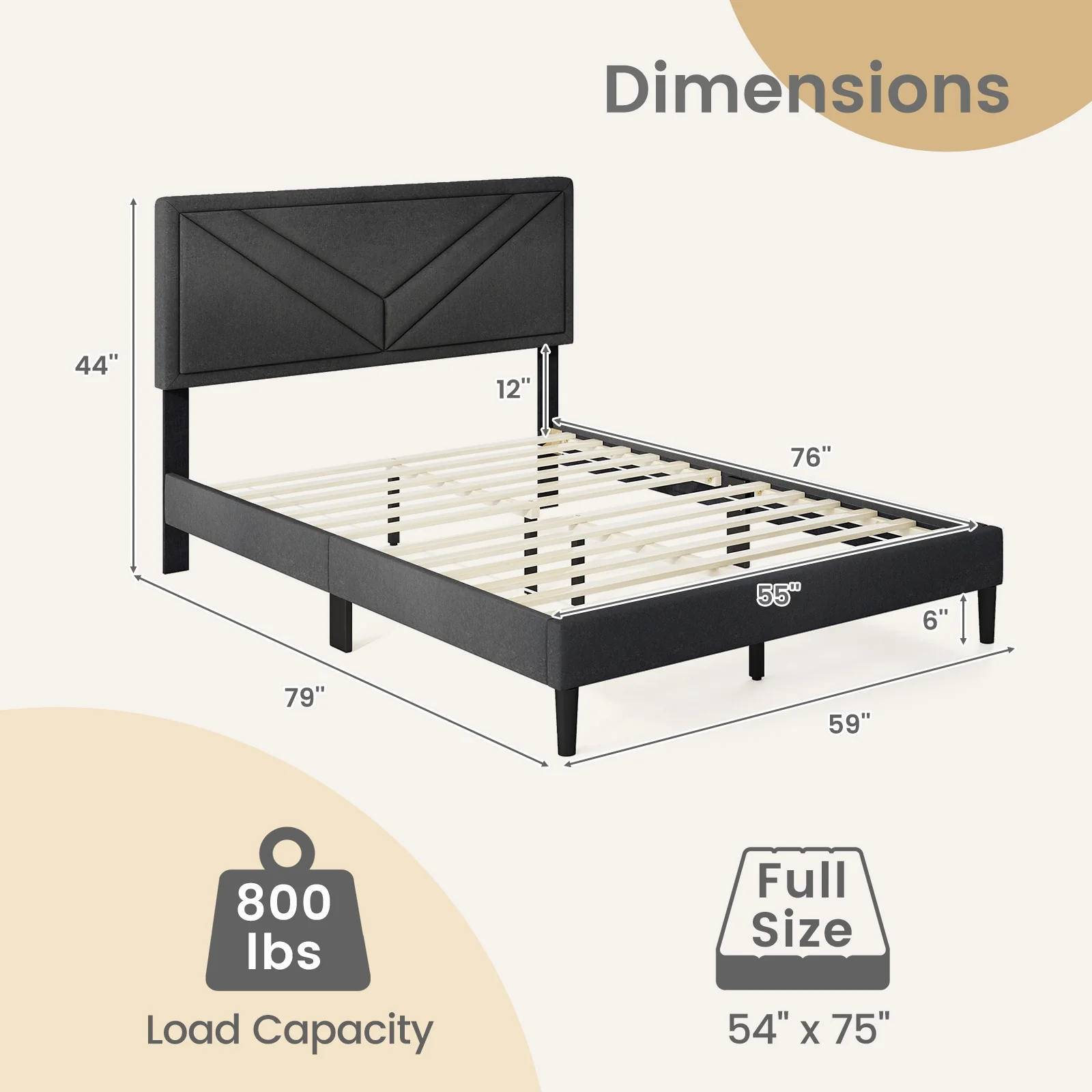 Upholstered Platform Bed With Tufted Headboard, Full Size, Gray - Image 5