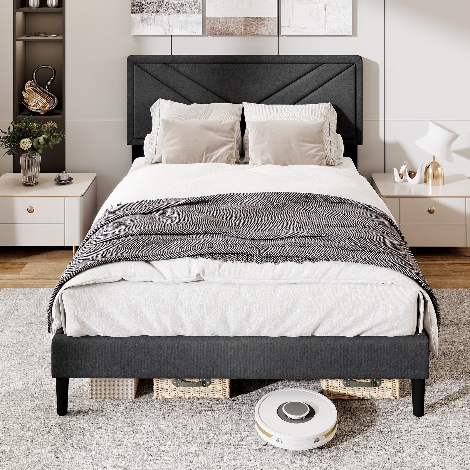 Upholstered Platform Bed With Tufted Headboard, Full Size, Gray - Image 6