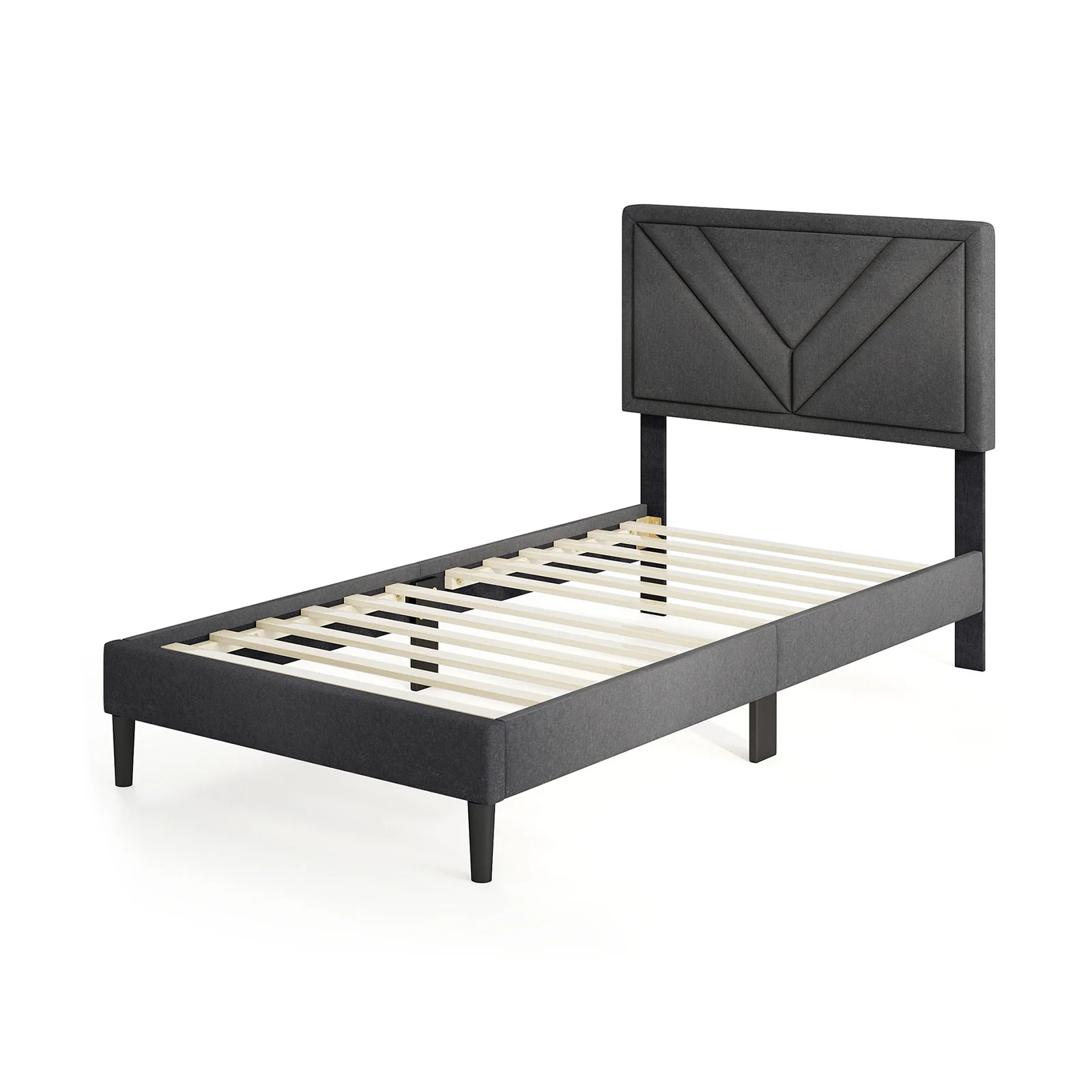 Upholstered Platform Bed With Tufted Headboard, Wooden Slats, Twin Size, Gray