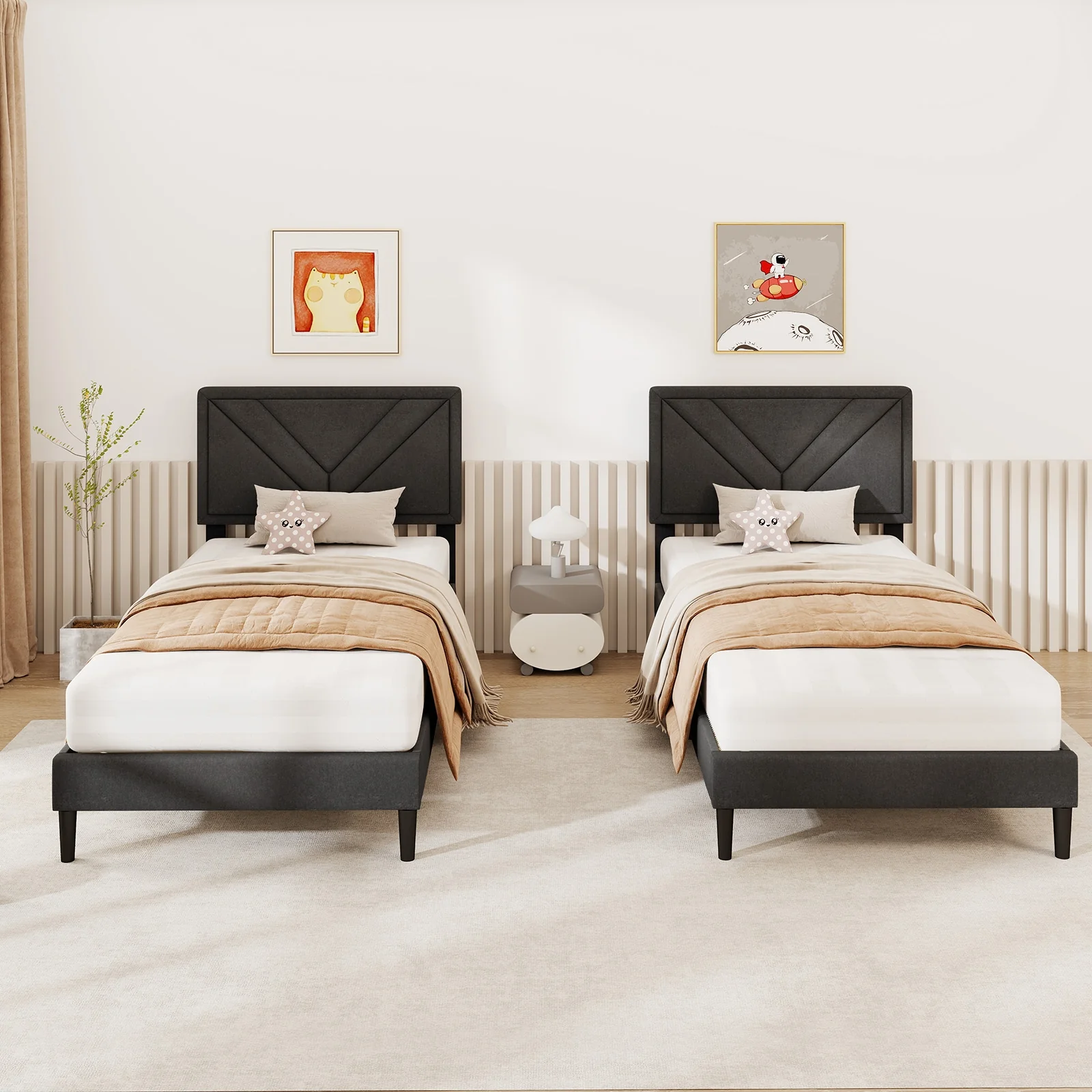 Upholstered Platform Bed With Tufted Headboard, Wooden Slats, Twin Size, Gray - Image 2