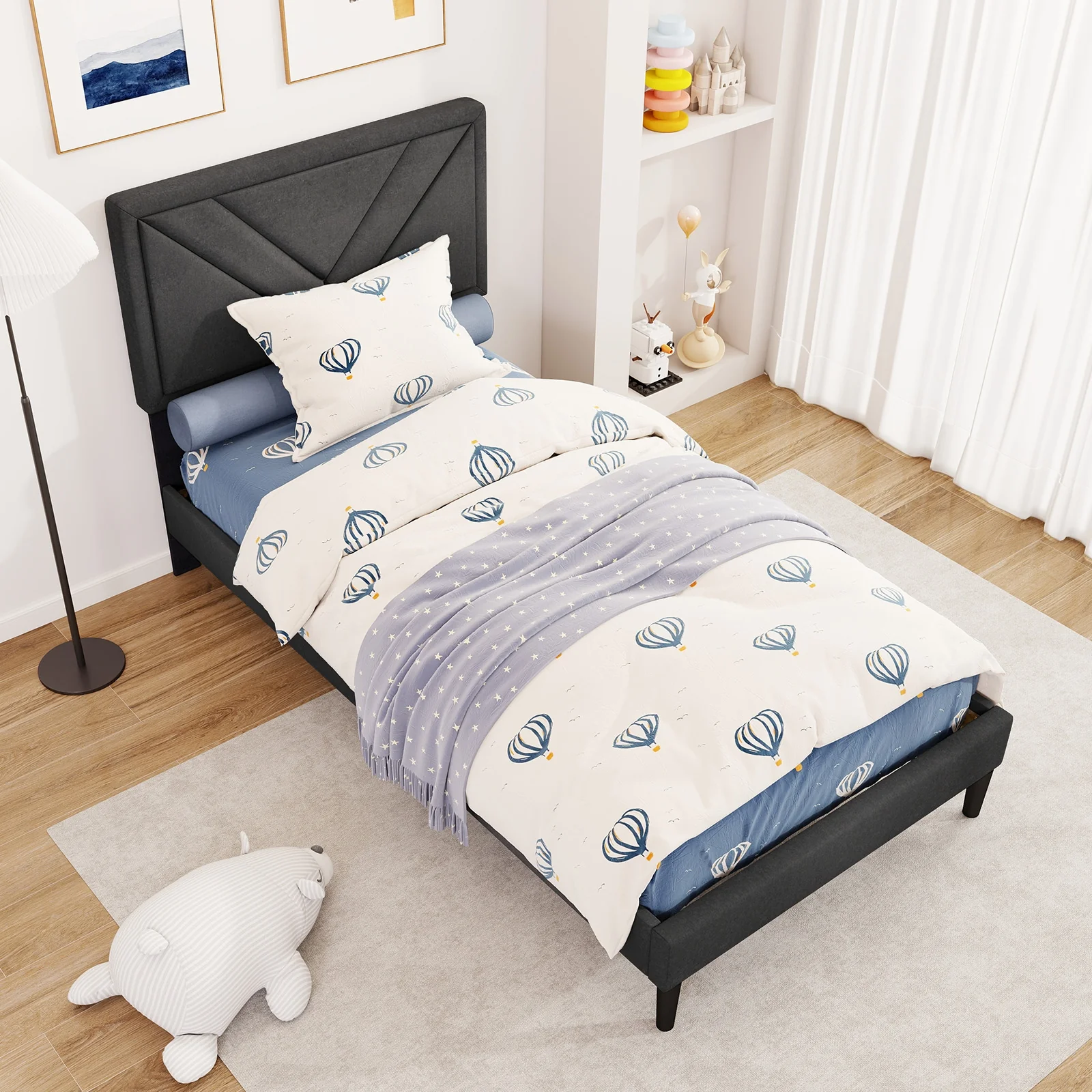 Upholstered Platform Bed With Tufted Headboard, Wooden Slats, Twin Size, Gray - Image 6