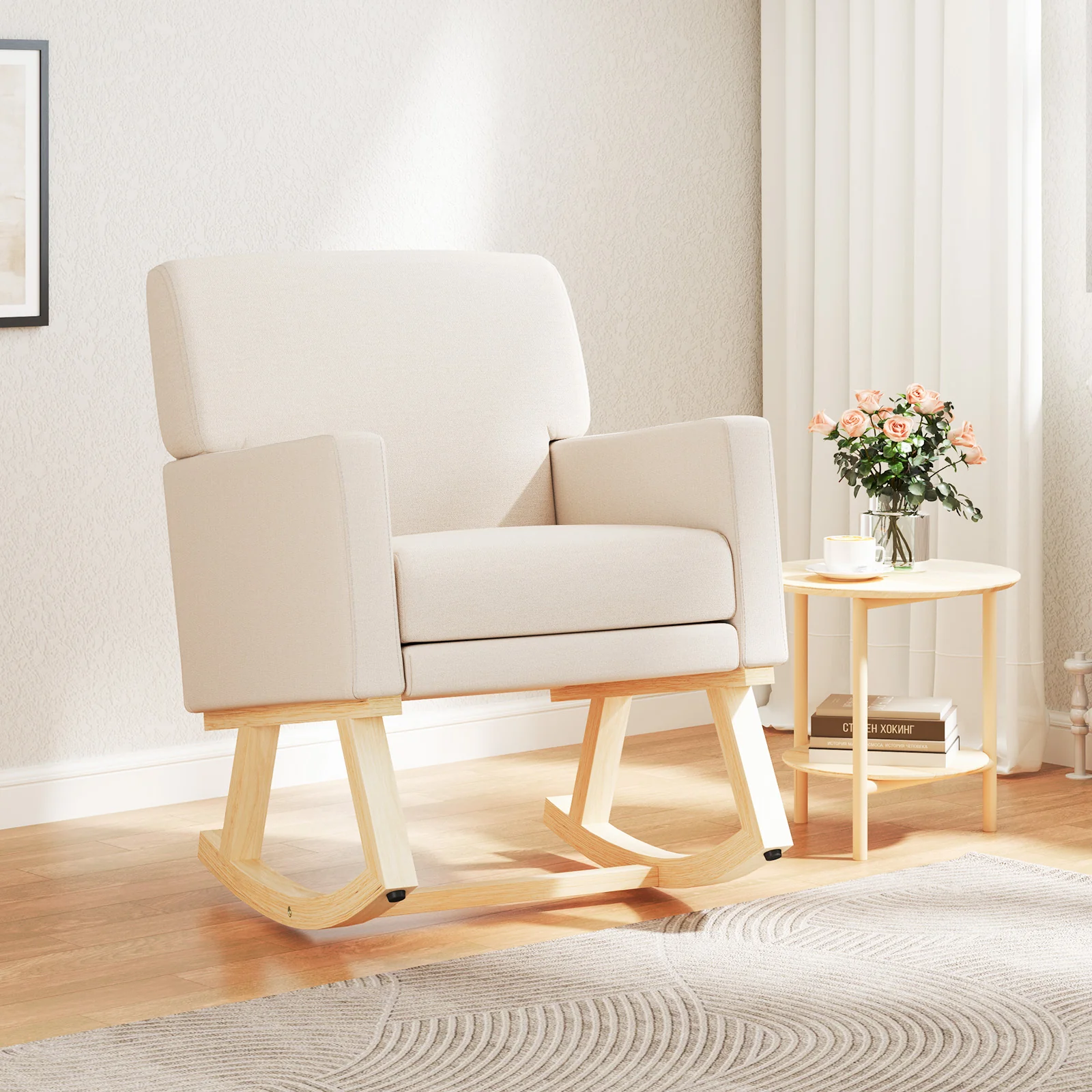 Upholstered Rocking Chair, Solid Wood Base, Beige - Image 2