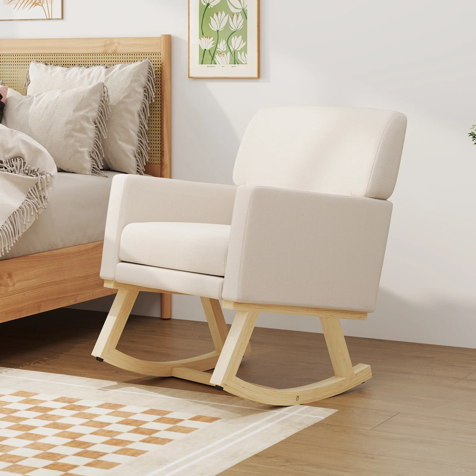 Upholstered Rocking Chair, Solid Wood Base, Beige - Image 3