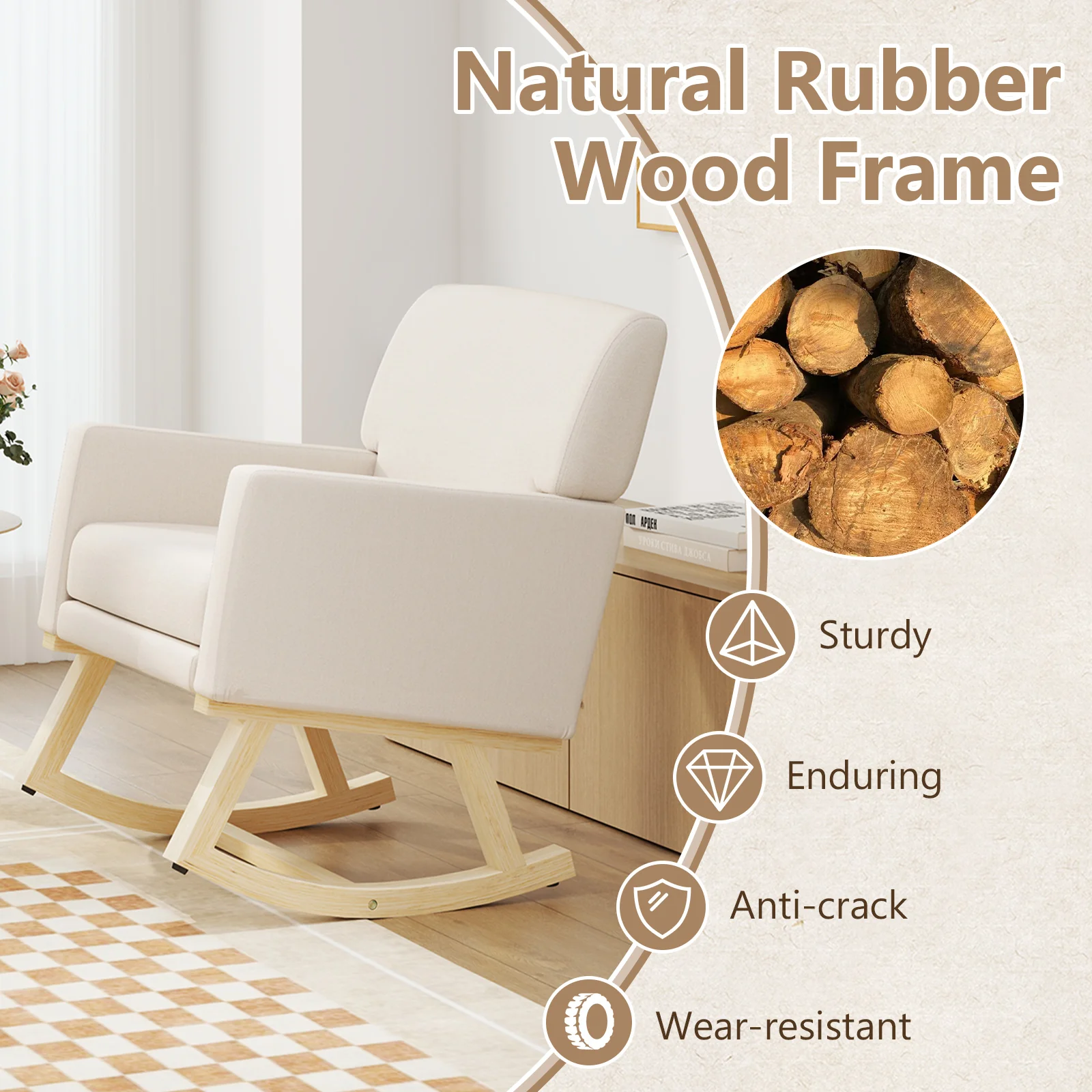 Upholstered Rocking Chair, Solid Wood Base, Beige - Image 7